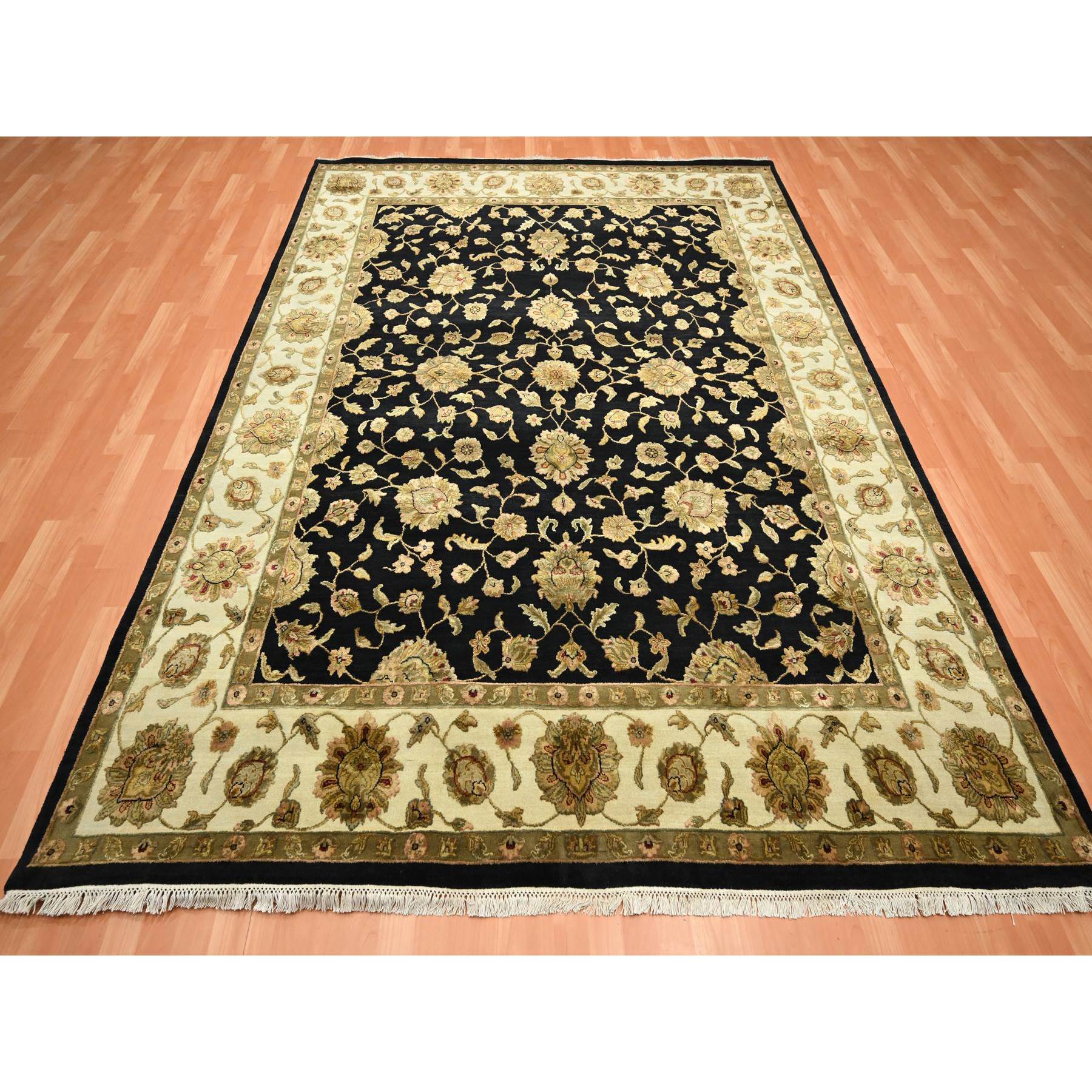 7'9"x10' Caviar Black, Densely Woven, Thick and Plush, Wool and Silk, Soft Pile, Hand Knotted, Rajasthan, All Over Design, Oriental, Rug Sh75585