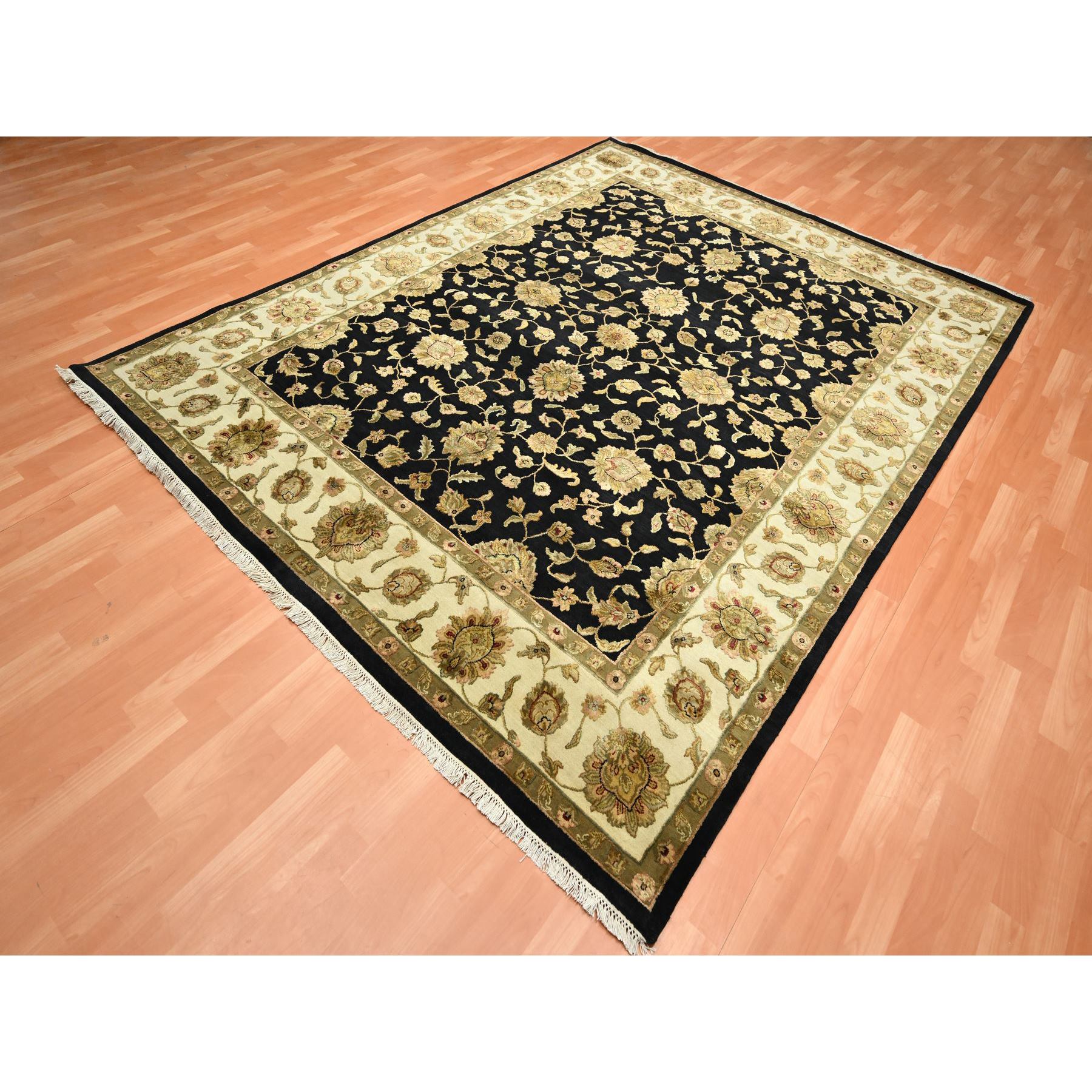 7'9"x10' Caviar Black, Densely Woven, Thick and Plush, Wool and Silk, Soft Pile, Hand Knotted, Rajasthan, All Over Design, Oriental, Rug Sh75585