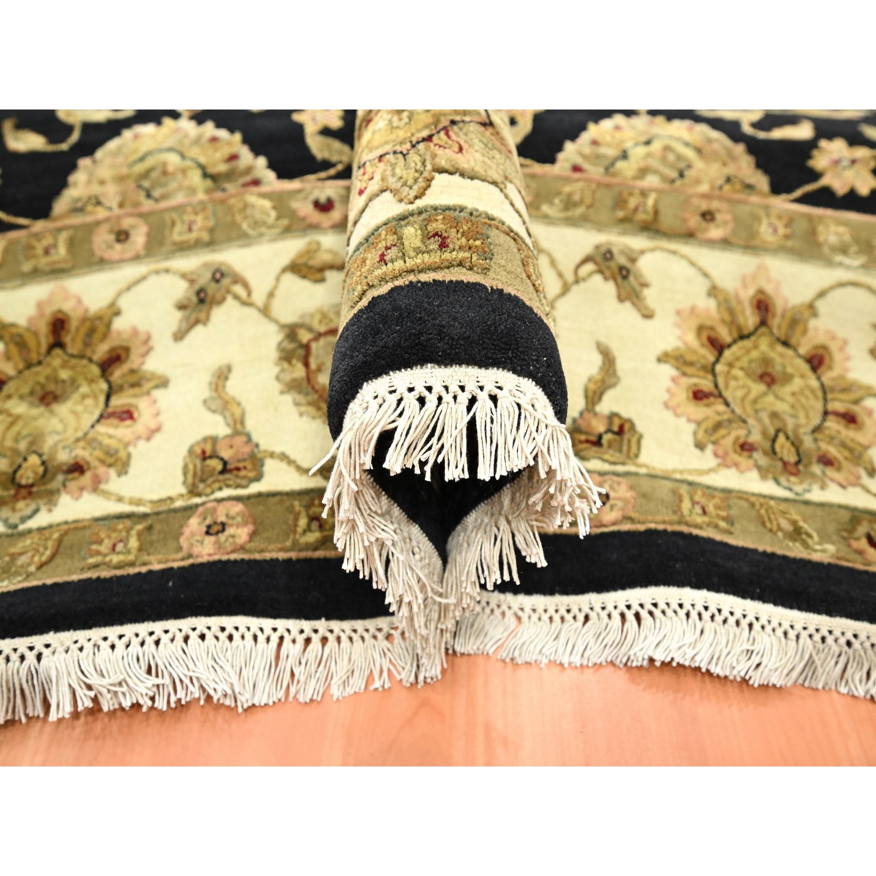 7'9"x10' Caviar Black, Densely Woven, Thick and Plush, Wool and Silk, Soft Pile, Hand Knotted, Rajasthan, All Over Design, Oriental, Rug Sh75585
