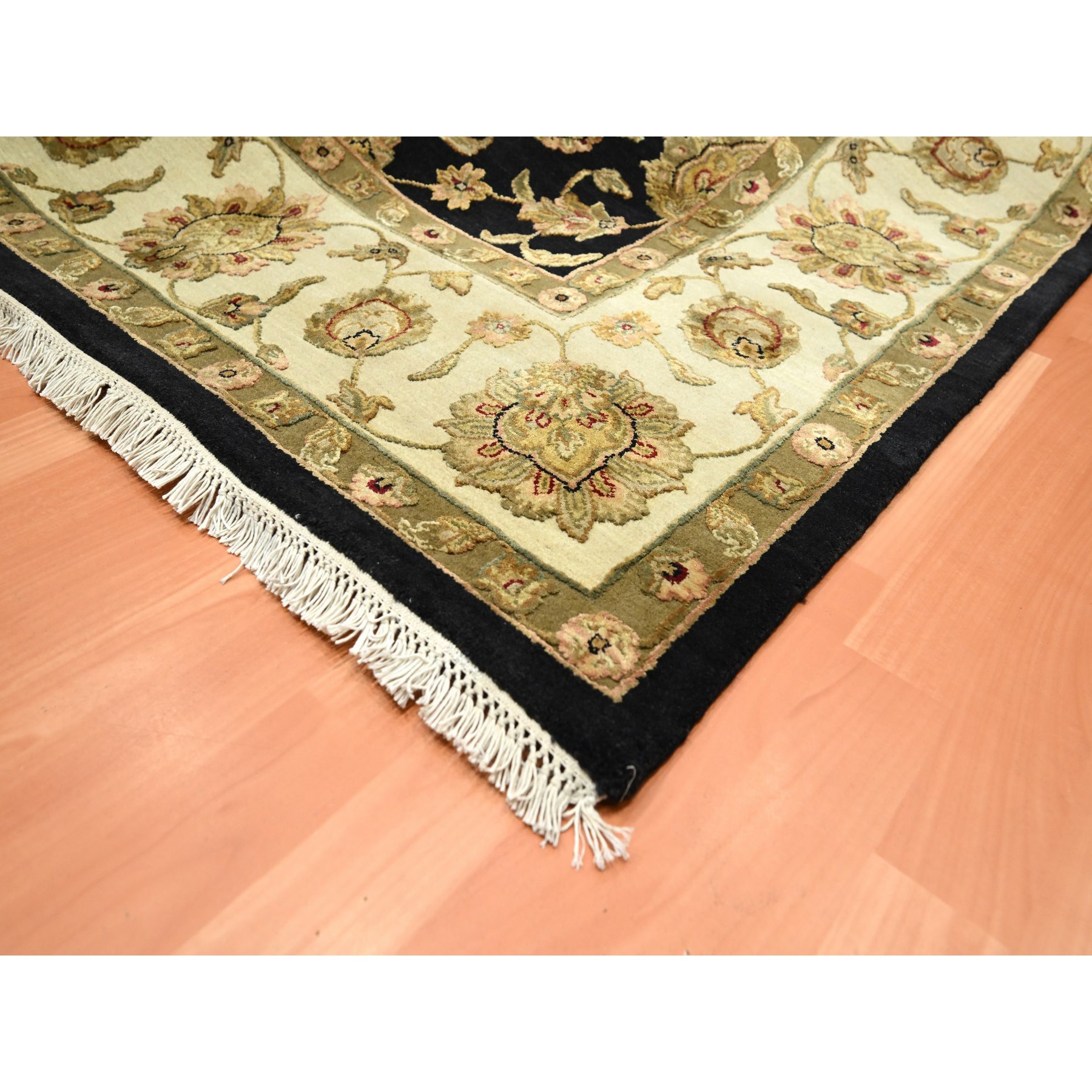 7'9"x10' Caviar Black, Densely Woven, Thick and Plush, Wool and Silk, Soft Pile, Hand Knotted, Rajasthan, All Over Design, Oriental, Rug Sh75585