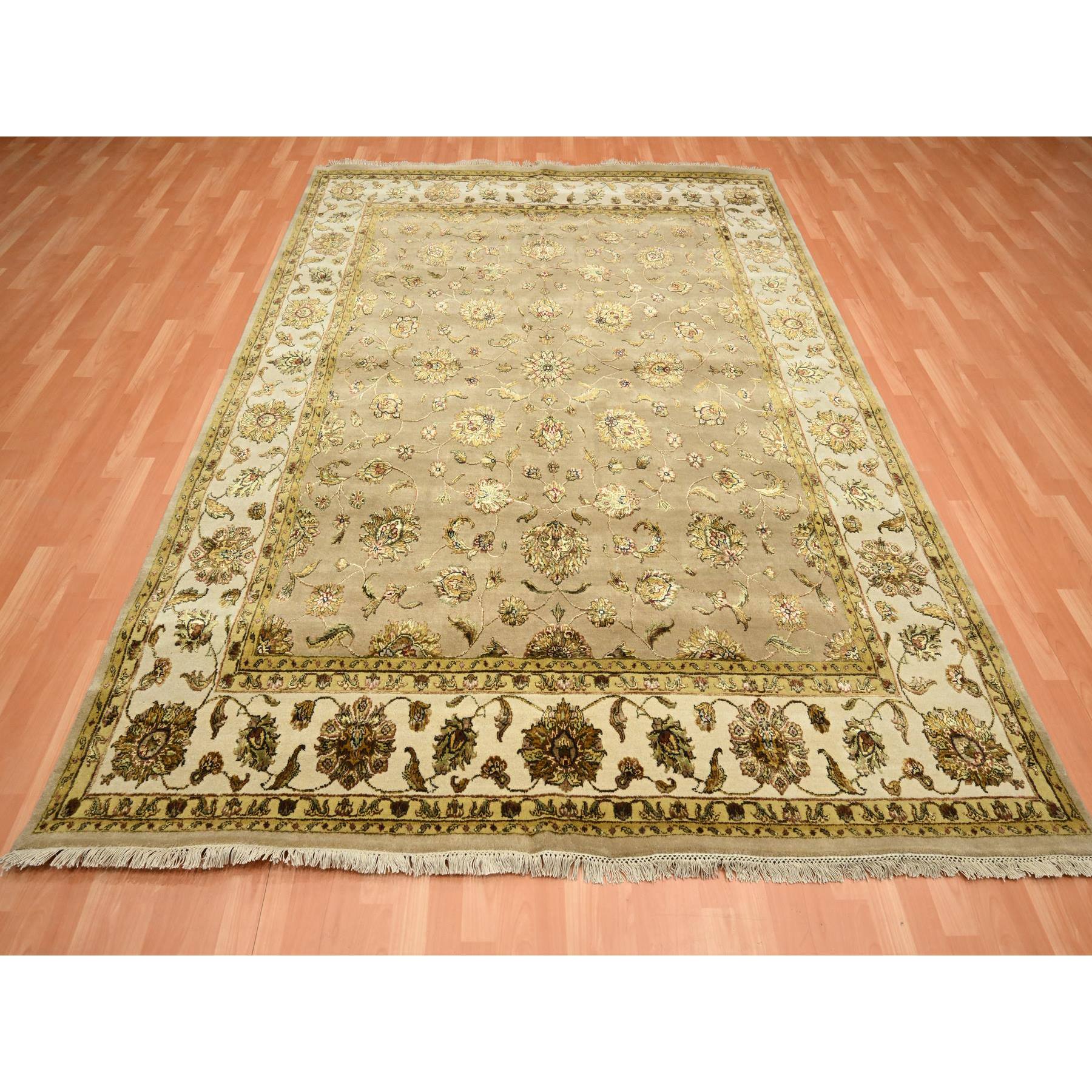 7'8"x9'10" Tortilla Brown, Rajasthan with All Over Leaf Design, Hand Knotted, Wool and Silk, Soft Pile, Thick and Plush, Oriental Rug Sh75586