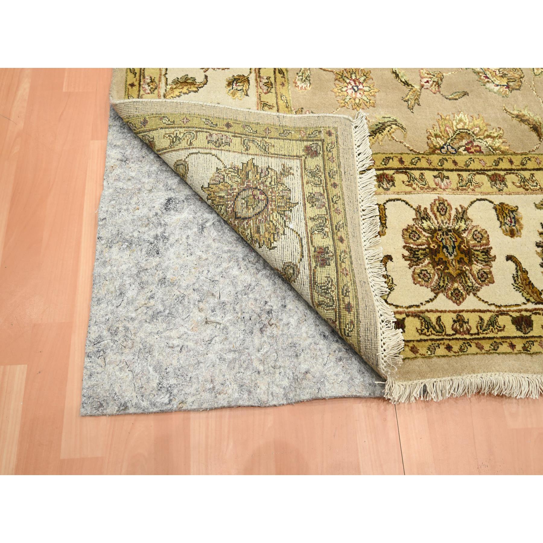 7'8"x9'10" Tortilla Brown, Rajasthan with All Over Leaf Design, Hand Knotted, Wool and Silk, Soft Pile, Thick and Plush, Oriental Rug Sh75586