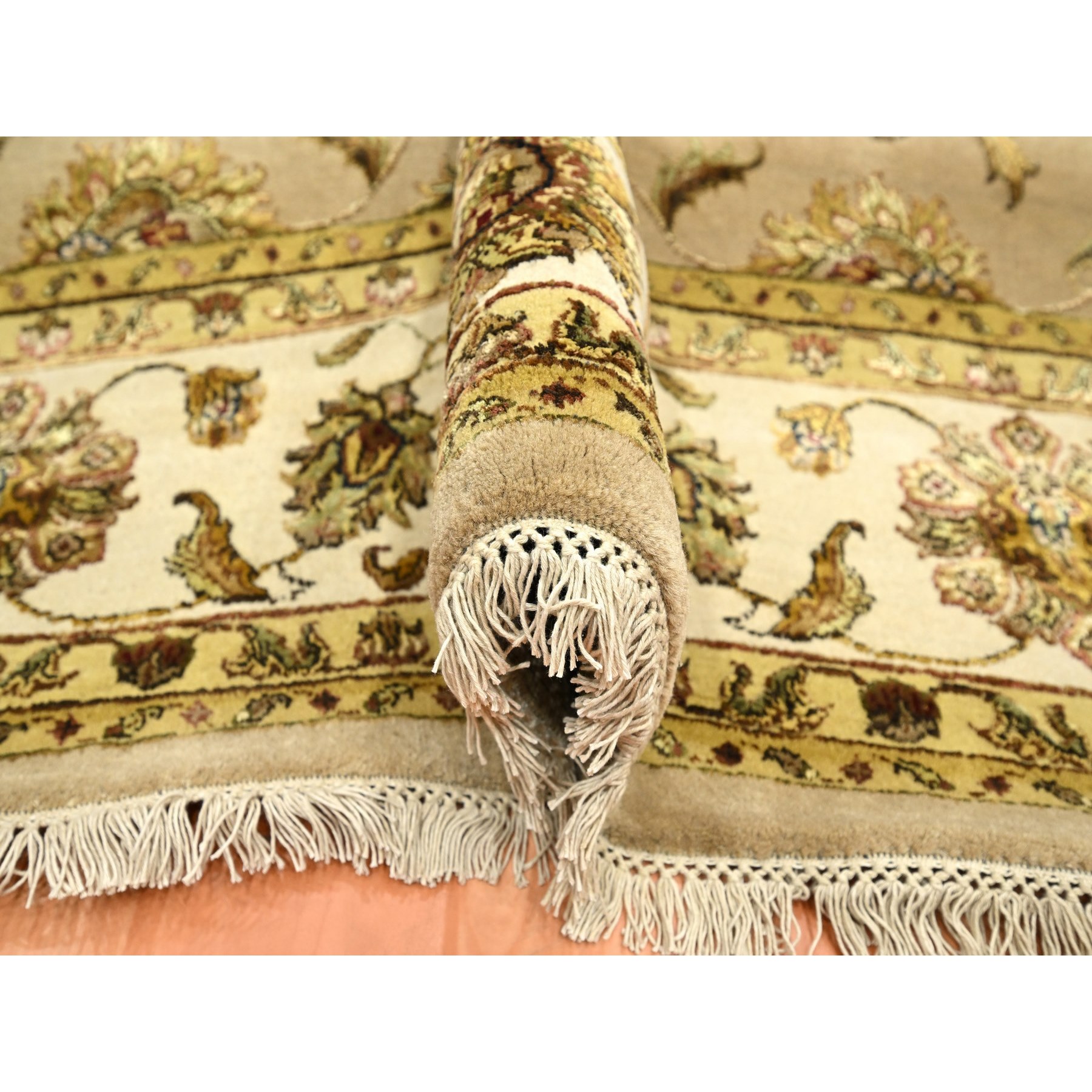 7'8"x9'10" Tortilla Brown, Rajasthan with All Over Leaf Design, Hand Knotted, Wool and Silk, Soft Pile, Thick and Plush, Oriental Rug Sh75586