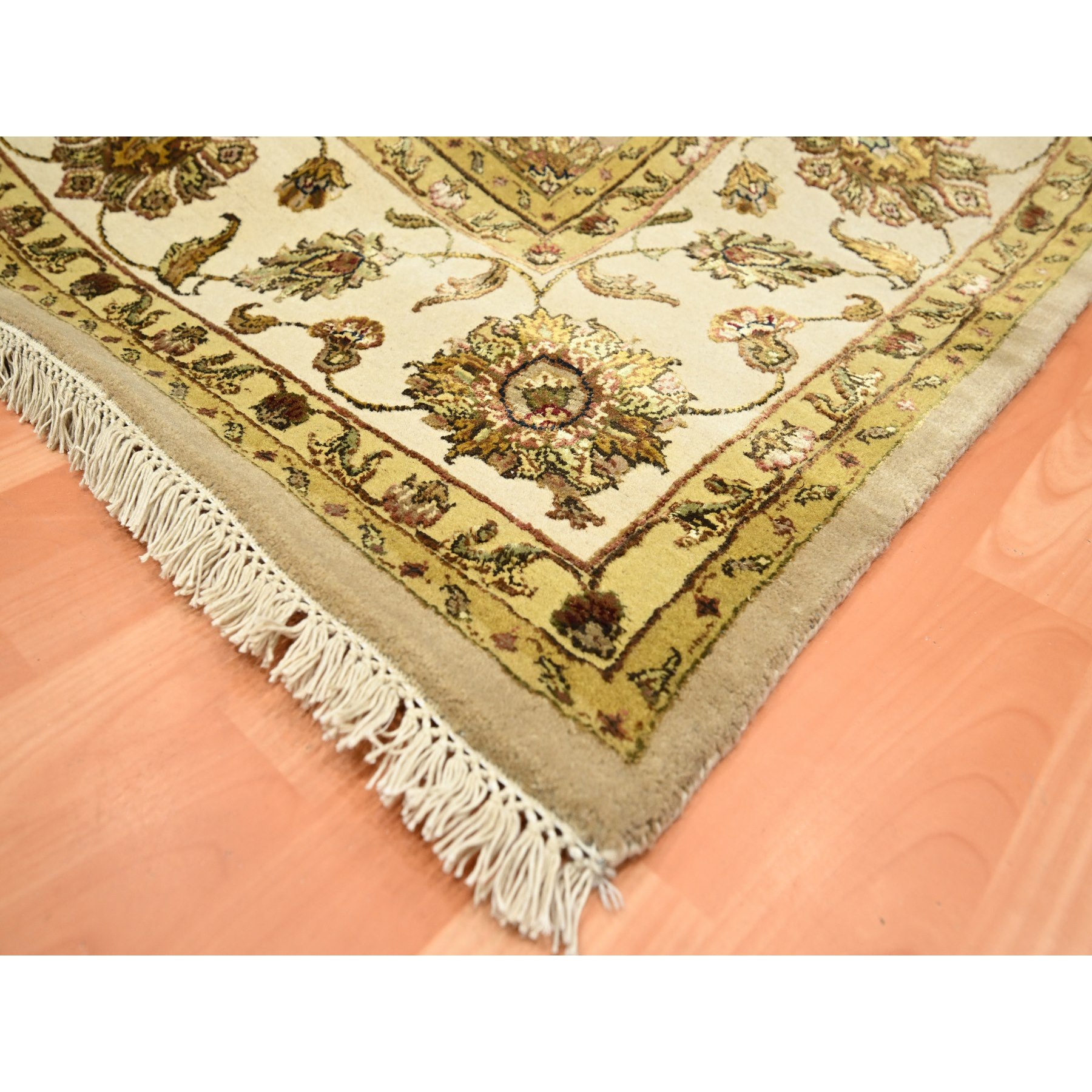 7'8"x9'10" Tortilla Brown, Rajasthan with All Over Leaf Design, Hand Knotted, Wool and Silk, Soft Pile, Thick and Plush, Oriental Rug Sh75586