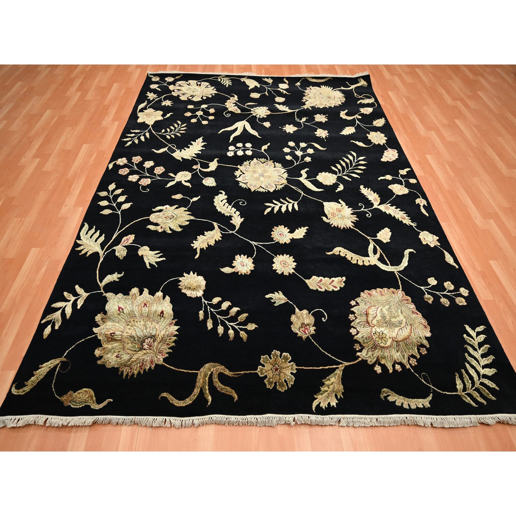 8'x10' Ink Black, Hand Knotted, Borderless Botanical Design, Half Wool and Half Silk, Densely Woven, Soft Pile, Oriental Rug Sh75587