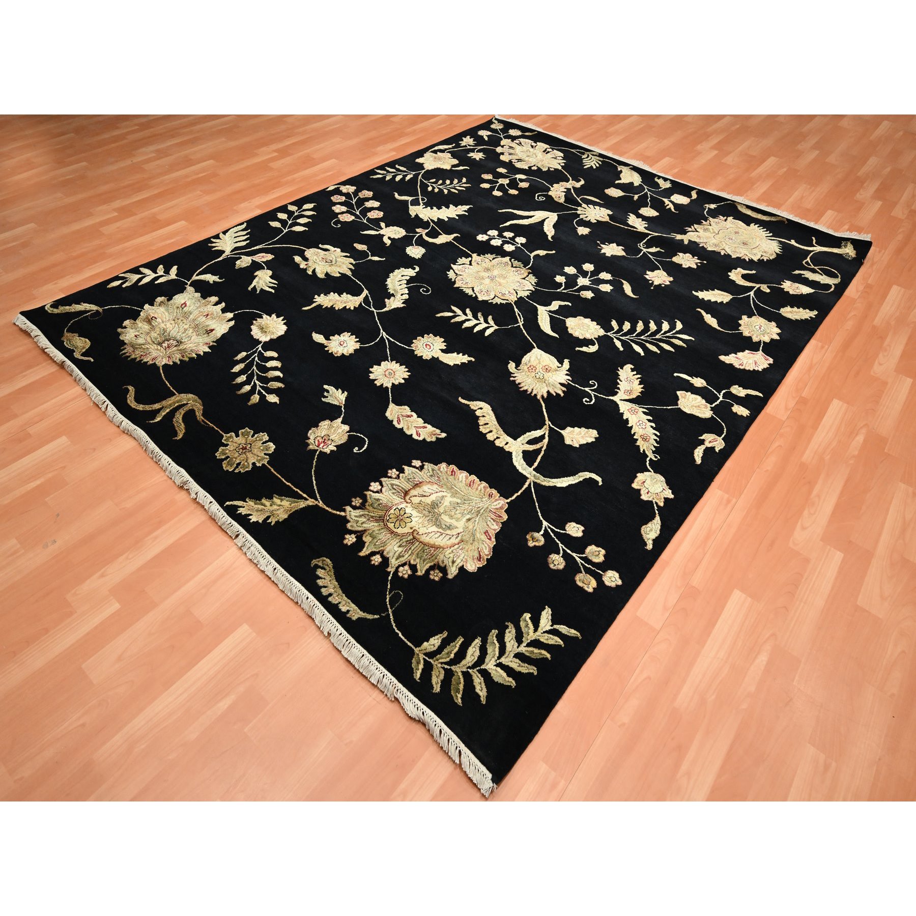 8'x10' Ink Black, Hand Knotted, Borderless Botanical Design, Half Wool and Half Silk, Densely Woven, Soft Pile, Oriental Rug Sh75587