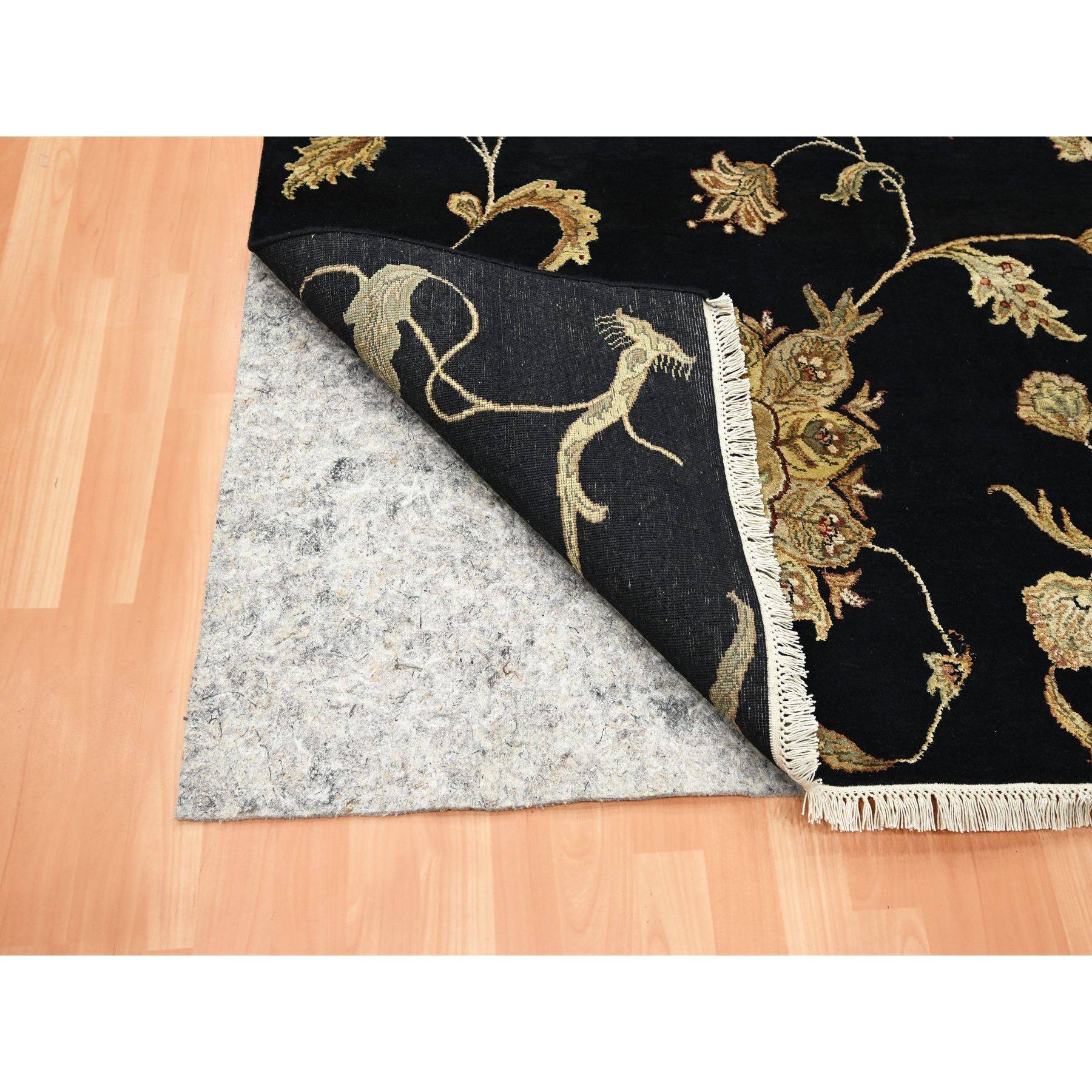 8'x10' Ink Black, Hand Knotted, Borderless Botanical Design, Half Wool and Half Silk, Densely Woven, Soft Pile, Oriental Rug Sh75587