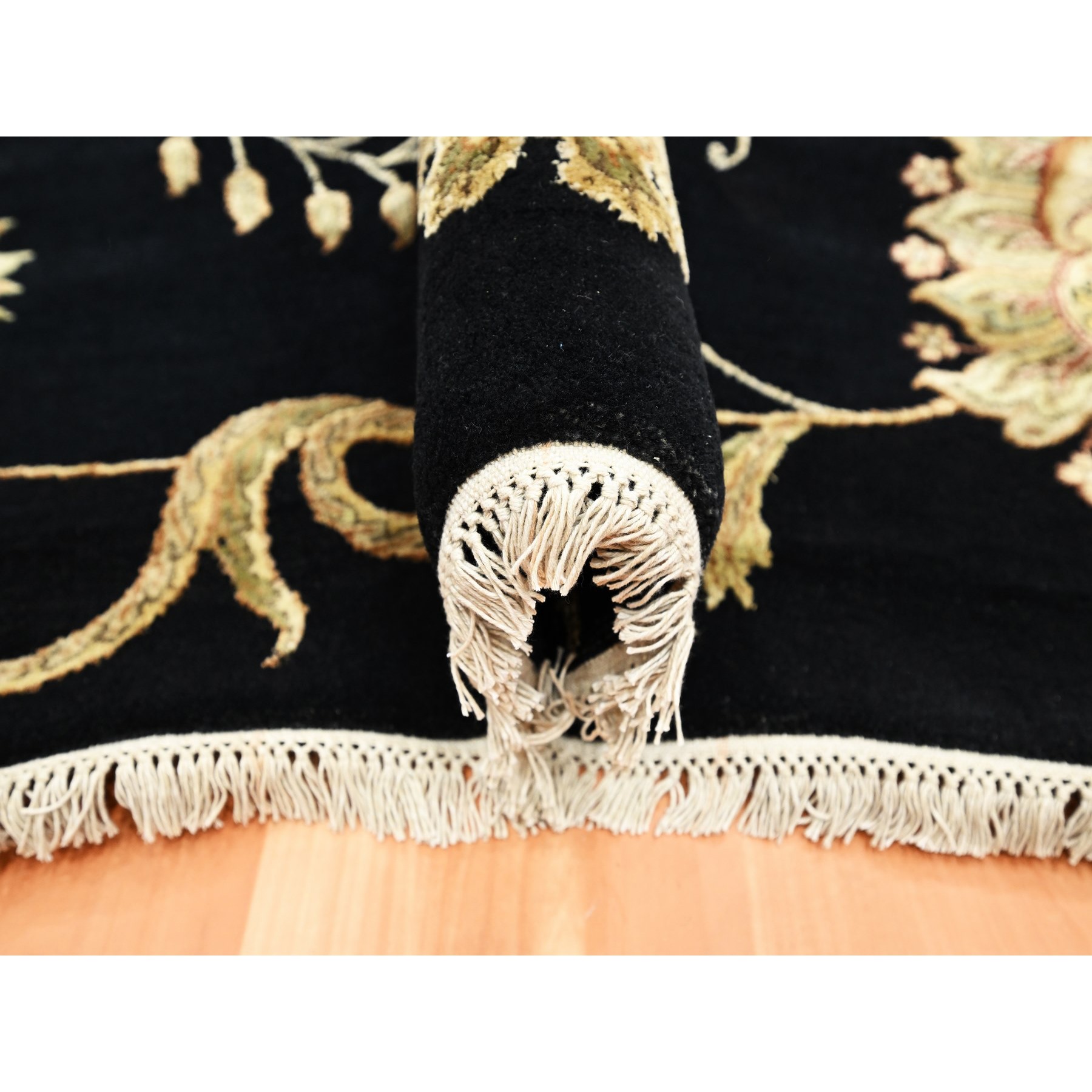 8'x10' Ink Black, Hand Knotted, Borderless Botanical Design, Half Wool and Half Silk, Densely Woven, Soft Pile, Oriental Rug Sh75587