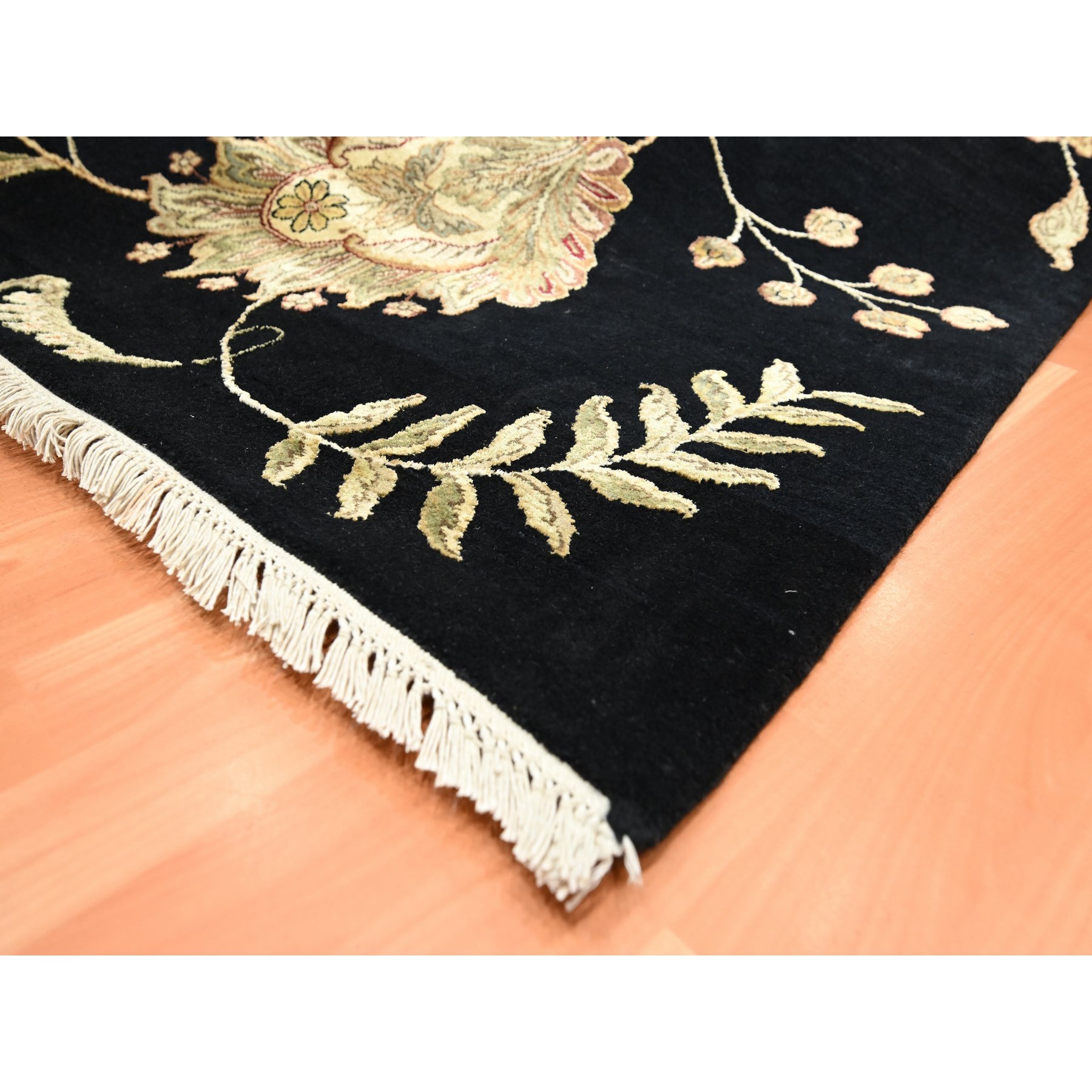 8'x10' Ink Black, Hand Knotted, Borderless Botanical Design, Half Wool and Half Silk, Densely Woven, Soft Pile, Oriental Rug Sh75587