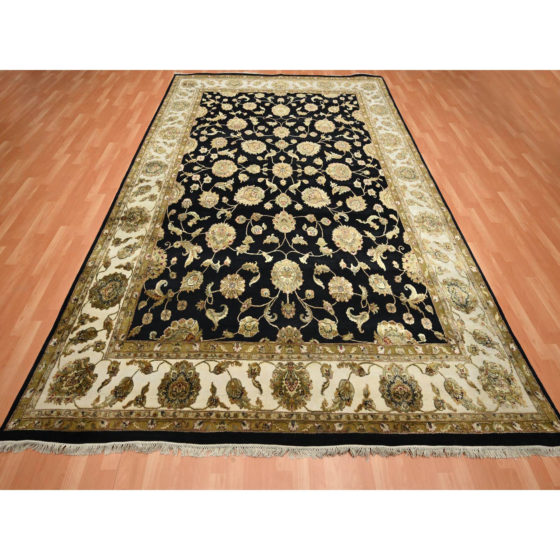 8'7"x12'1" Jade Black, Rajasthan with All Over Leaf Design, Hand Knotted, Wool and Silk, Densely Woven, Thick and Plush, Oriental Rug Sh75591