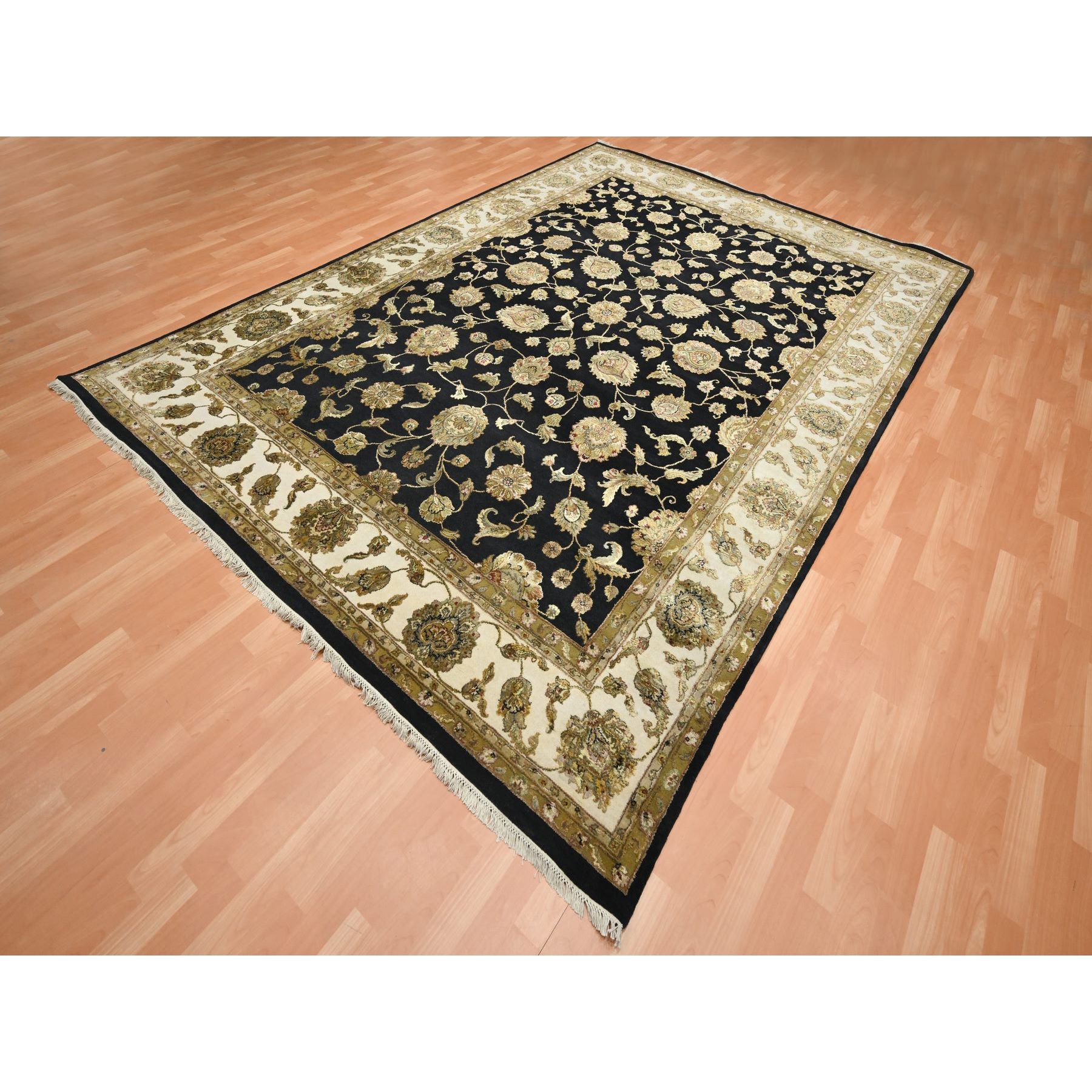 8'7"x12'1" Jade Black, Rajasthan with All Over Leaf Design, Hand Knotted, Wool and Silk, Densely Woven, Thick and Plush, Oriental Rug Sh75591