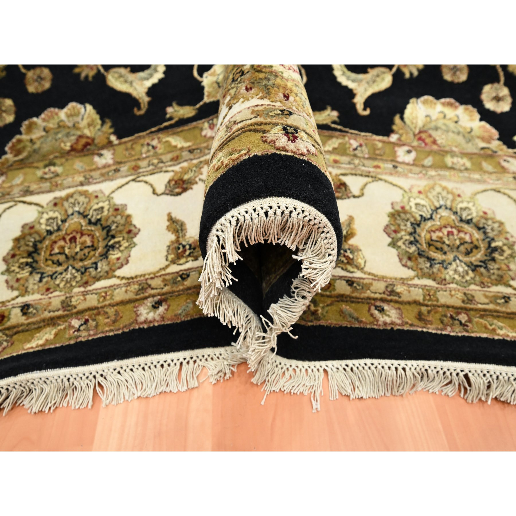 8'7"x12'1" Jade Black, Rajasthan with All Over Leaf Design, Hand Knotted, Wool and Silk, Densely Woven, Thick and Plush, Oriental Rug Sh75591