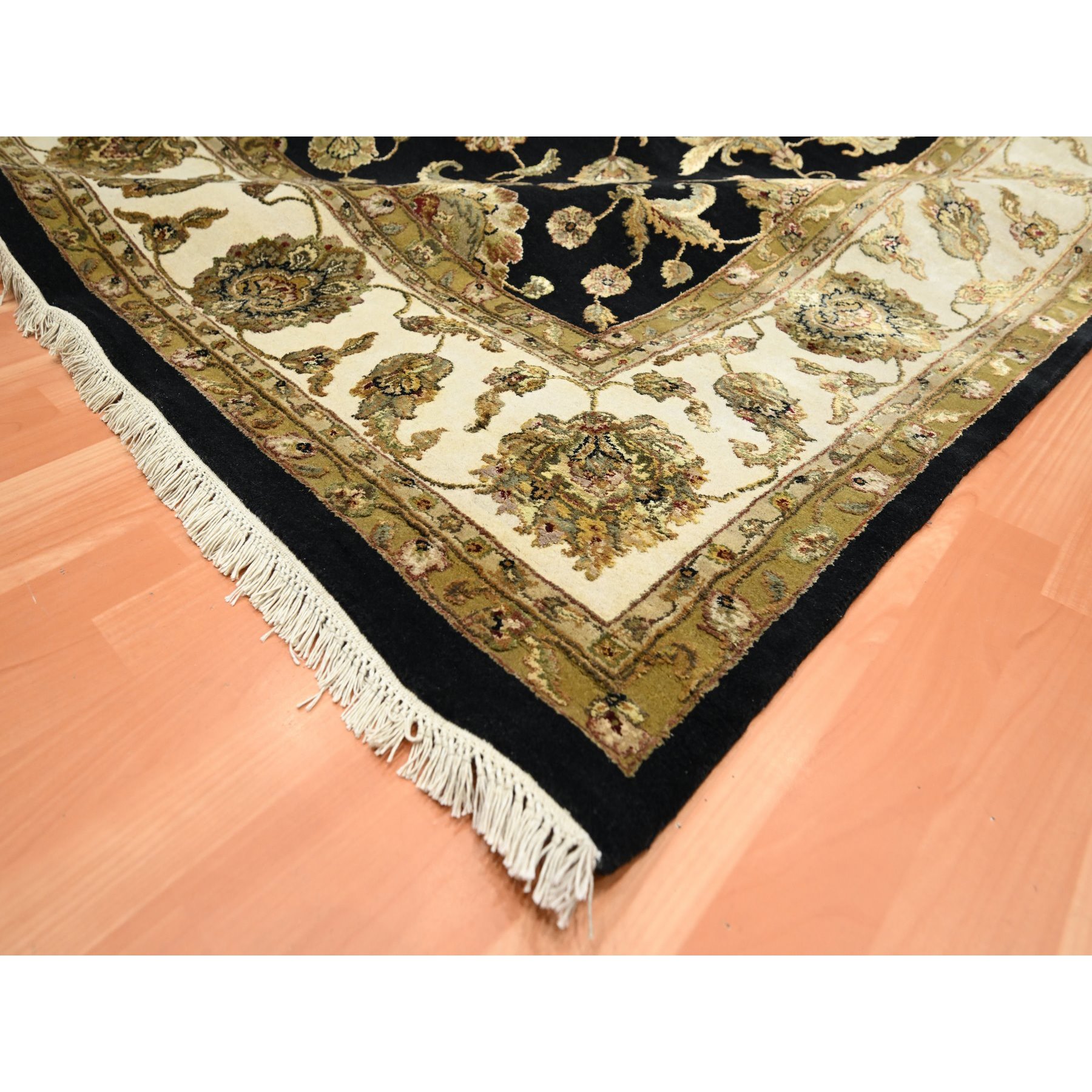 8'7"x12'1" Jade Black, Rajasthan with All Over Leaf Design, Hand Knotted, Wool and Silk, Densely Woven, Thick and Plush, Oriental Rug Sh75591