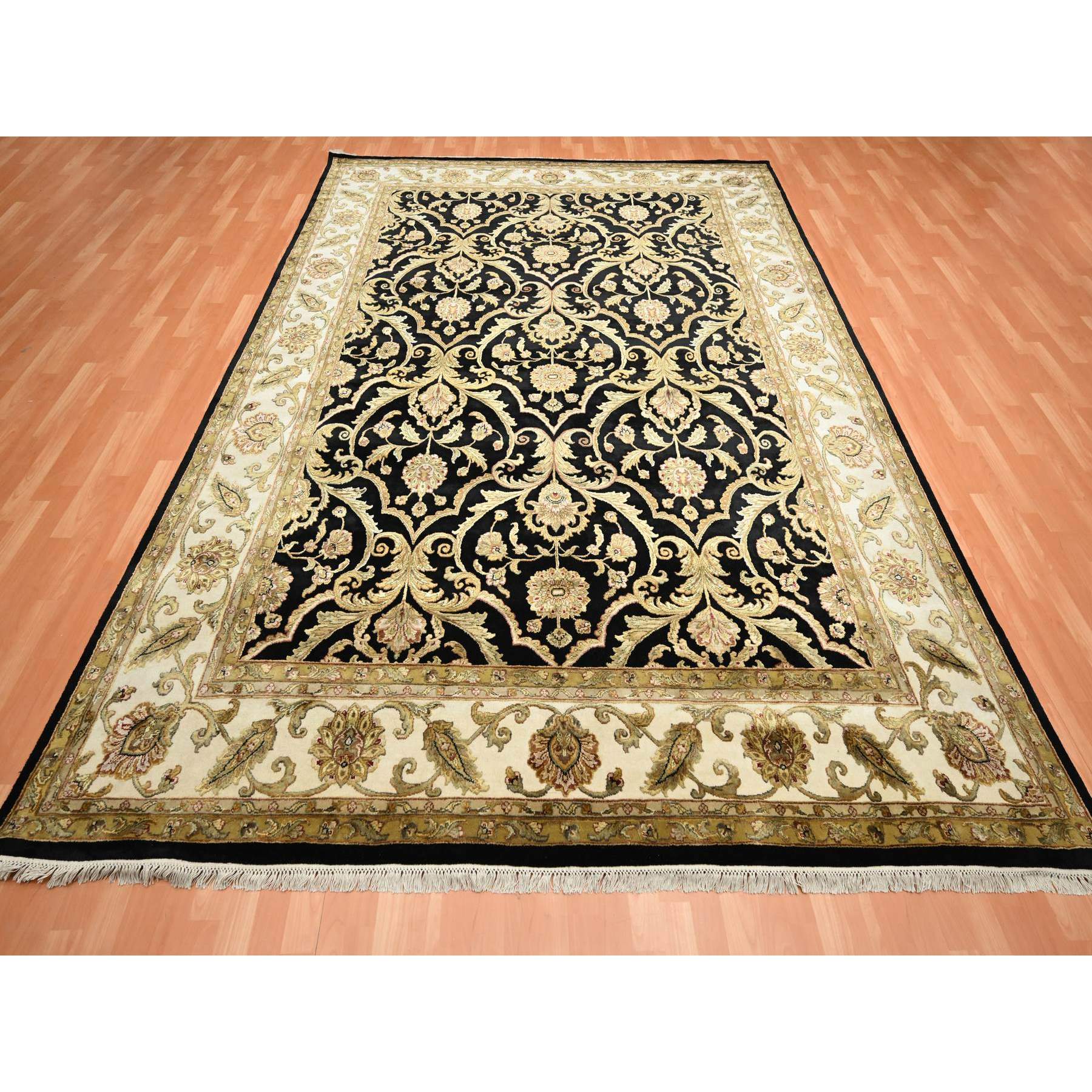 8'10"x12'2" Onyx Black, Rajasthan All Over Leaf Design, Thick and Plush, Densely Woven, Soft Pile, Wool and Silk, Hand Knotted, Oriental Rug Sh75592