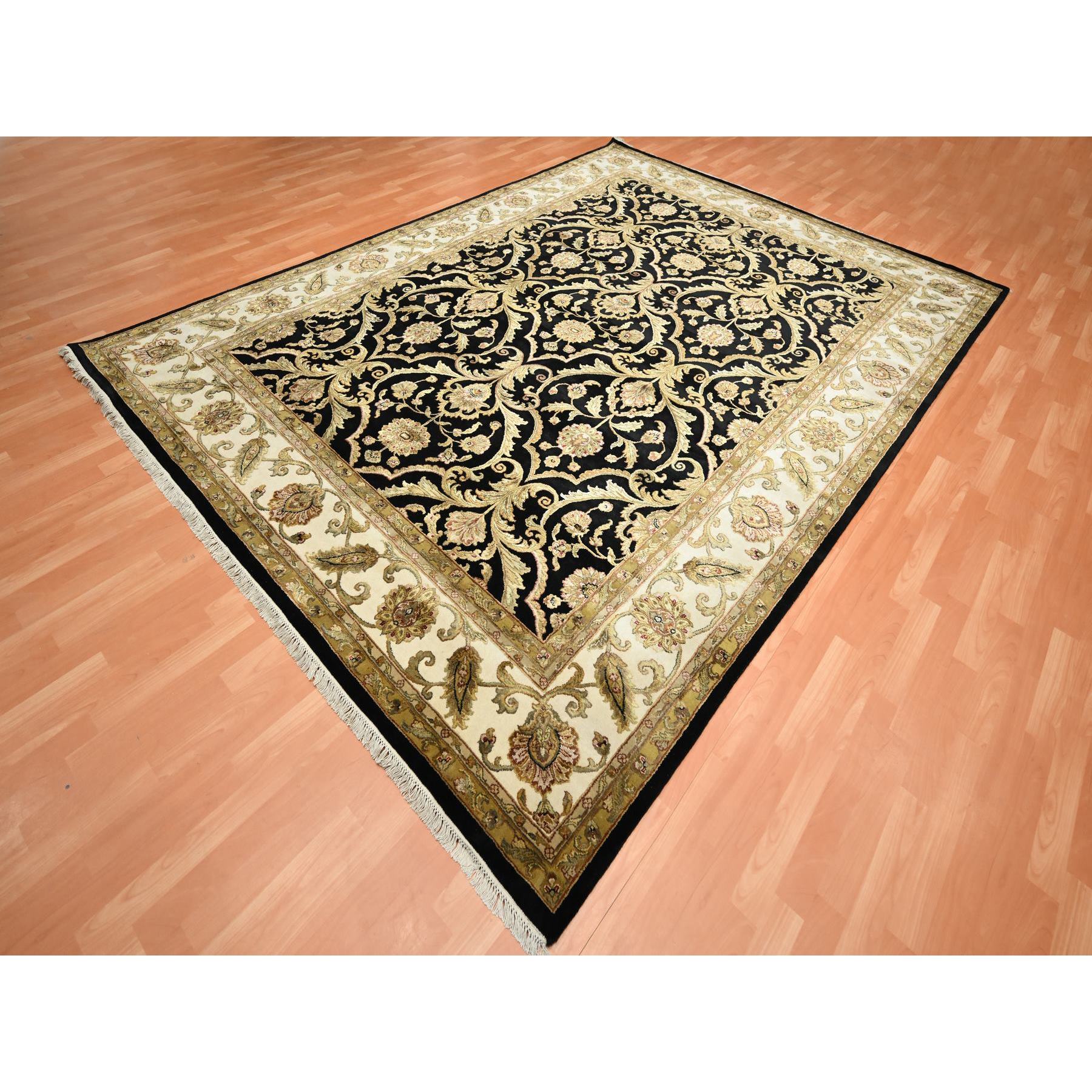 8'10"x12'2" Onyx Black, Rajasthan All Over Leaf Design, Thick and Plush, Densely Woven, Soft Pile, Wool and Silk, Hand Knotted, Oriental Rug Sh75592