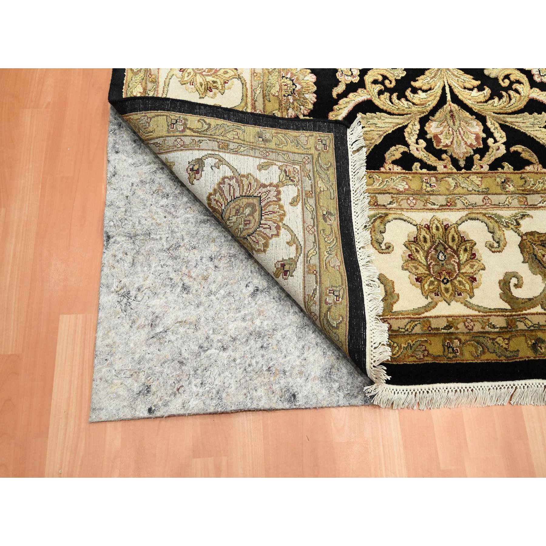 8'10"x12'2" Onyx Black, Rajasthan All Over Leaf Design, Thick and Plush, Densely Woven, Soft Pile, Wool and Silk, Hand Knotted, Oriental Rug Sh75592