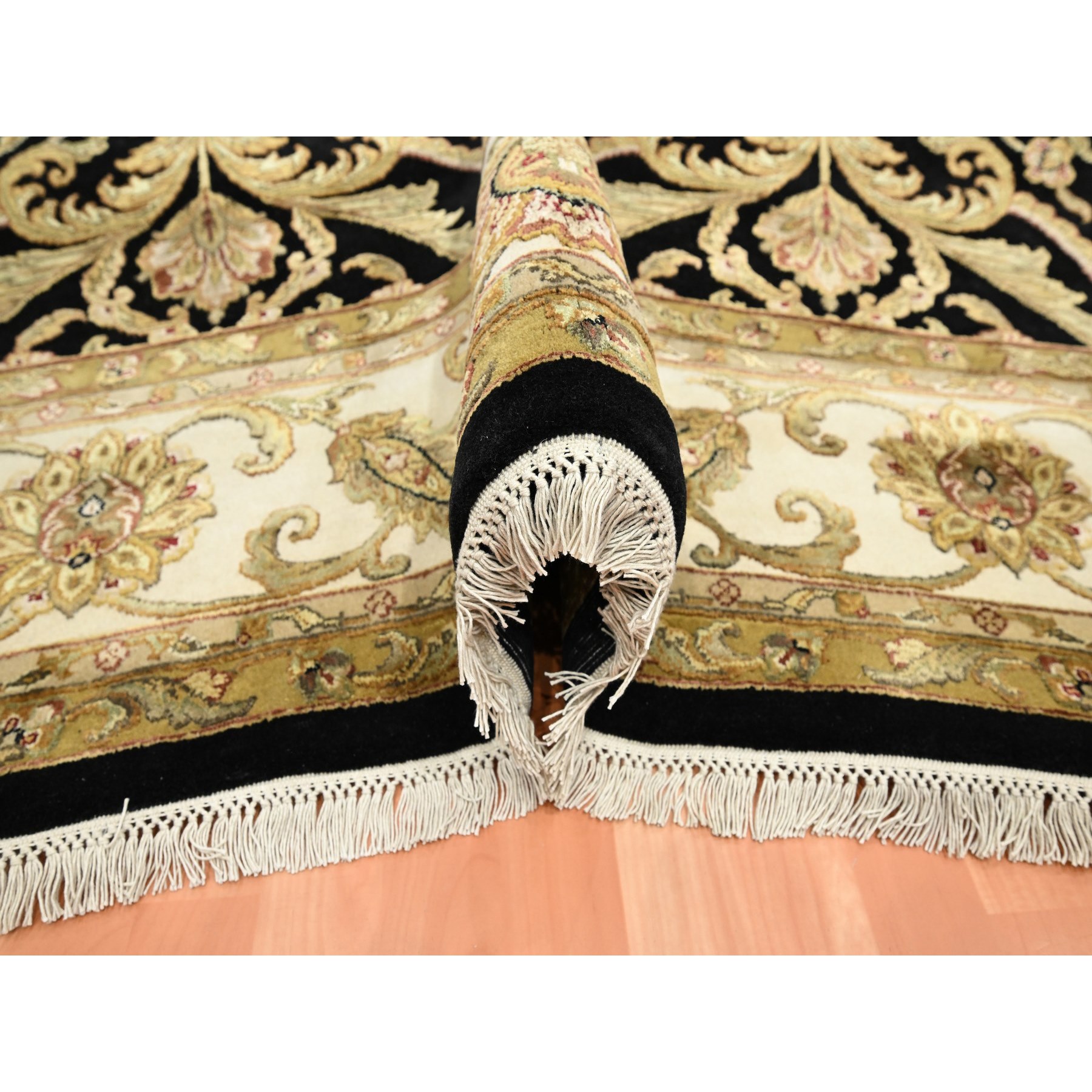 8'10"x12'2" Onyx Black, Rajasthan All Over Leaf Design, Thick and Plush, Densely Woven, Soft Pile, Wool and Silk, Hand Knotted, Oriental Rug Sh75592
