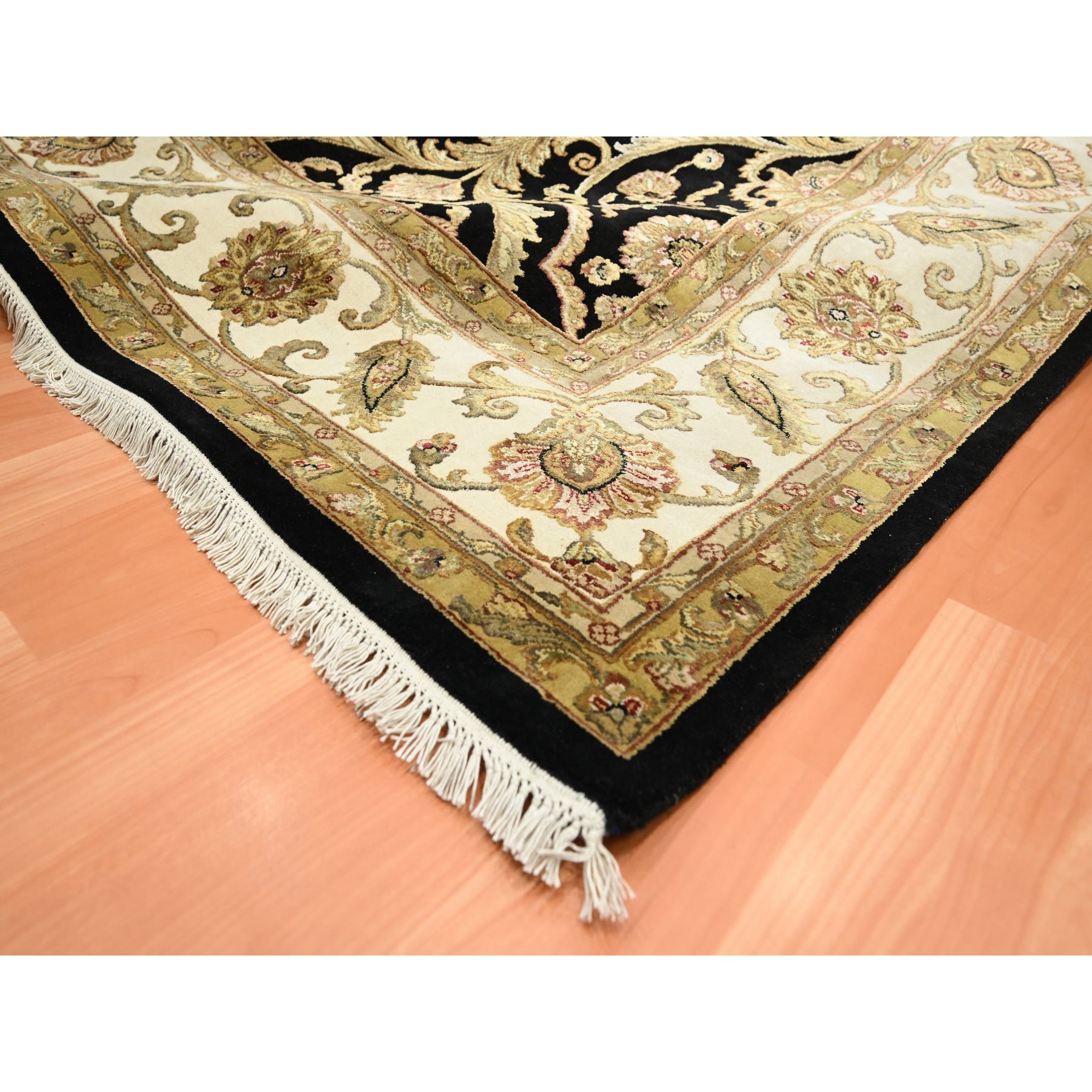 8'10"x12'2" Onyx Black, Rajasthan All Over Leaf Design, Thick and Plush, Densely Woven, Soft Pile, Wool and Silk, Hand Knotted, Oriental Rug Sh75592