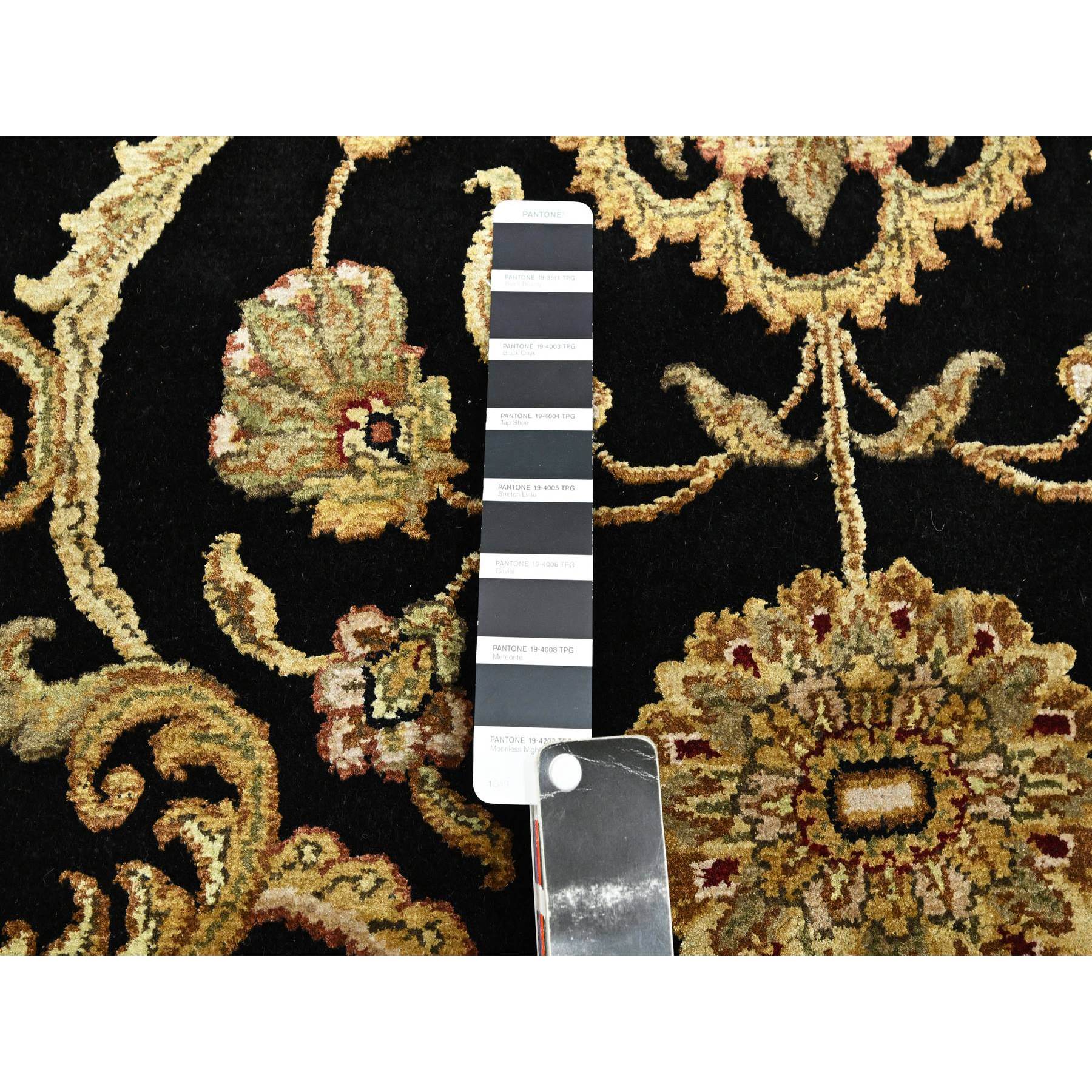 8'10"x12'2" Onyx Black, Rajasthan All Over Leaf Design, Thick and Plush, Densely Woven, Soft Pile, Wool and Silk, Hand Knotted, Oriental Rug Sh75592