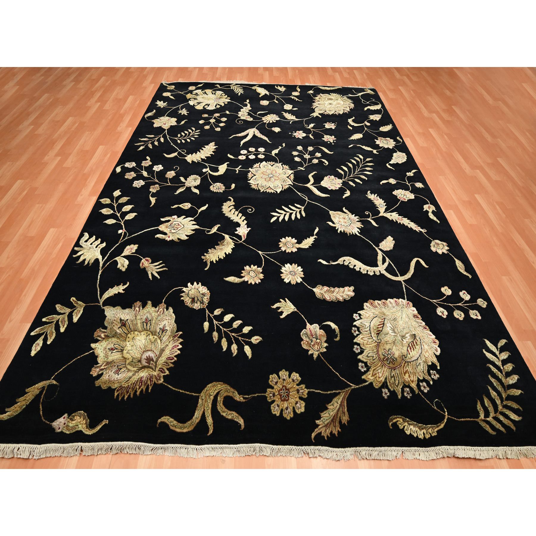 9'2"x11'8" Caviar Black, Half Wool and Half Silk, Borderless Botanical Design, Densely Woven, Soft Pile, Hand Knotted, Oriental Rug Sh75593