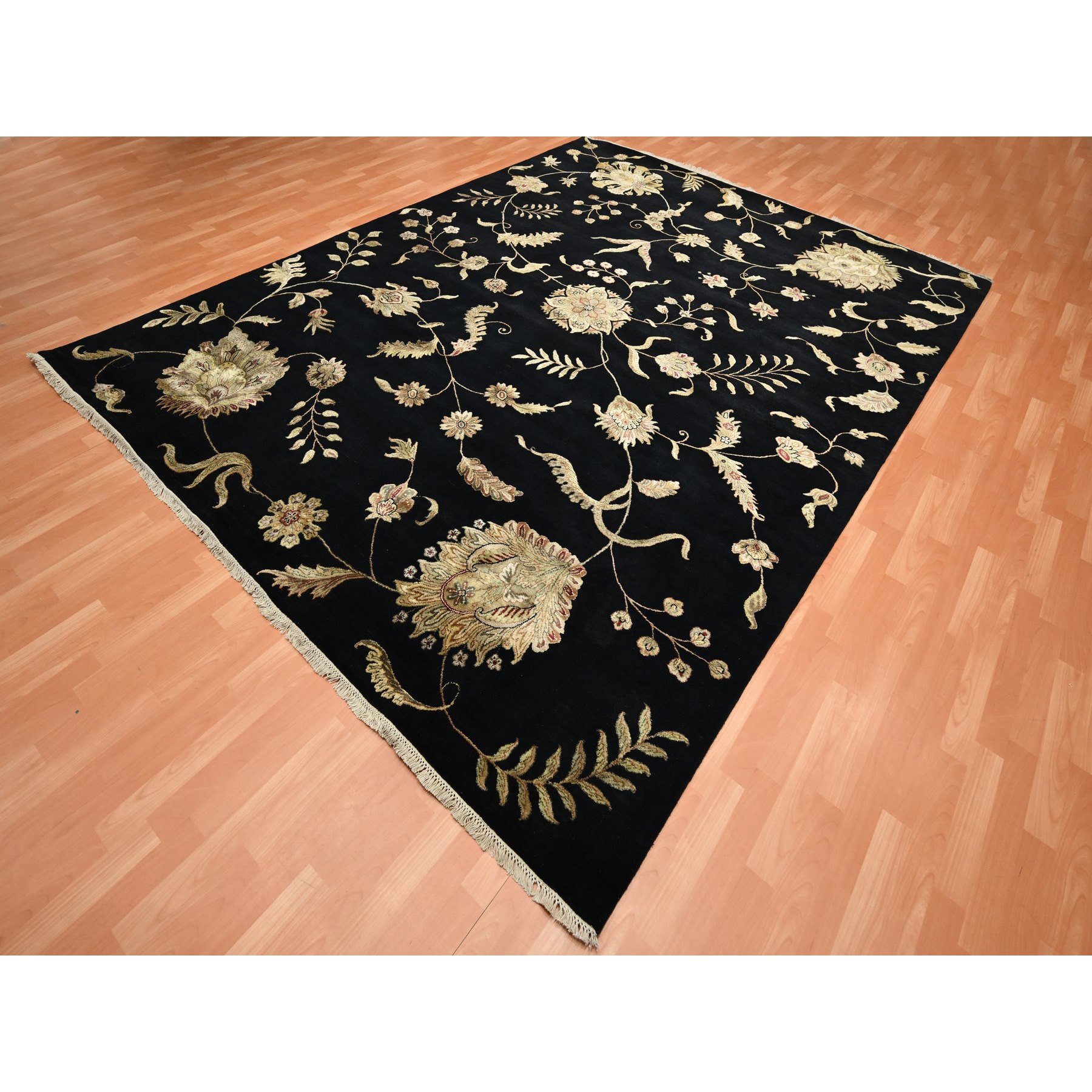 9'2"x11'8" Caviar Black, Half Wool and Half Silk, Borderless Botanical Design, Densely Woven, Soft Pile, Hand Knotted, Oriental Rug Sh75593