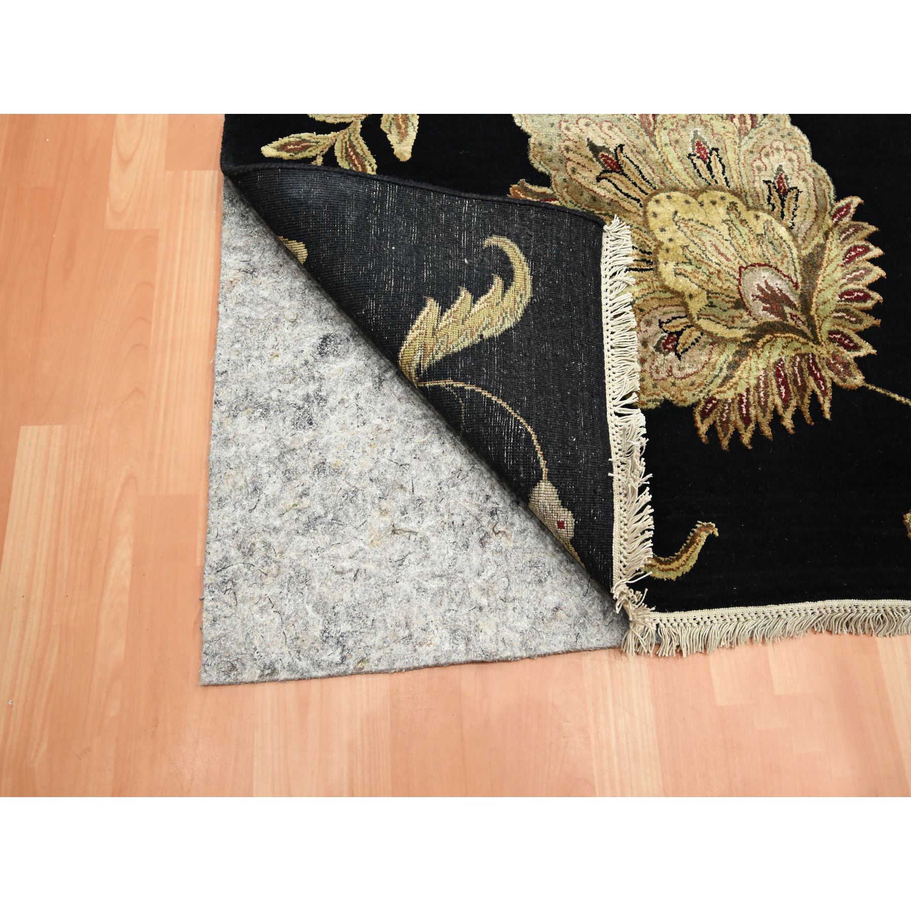9'2"x11'8" Caviar Black, Half Wool and Half Silk, Borderless Botanical Design, Densely Woven, Soft Pile, Hand Knotted, Oriental Rug Sh75593