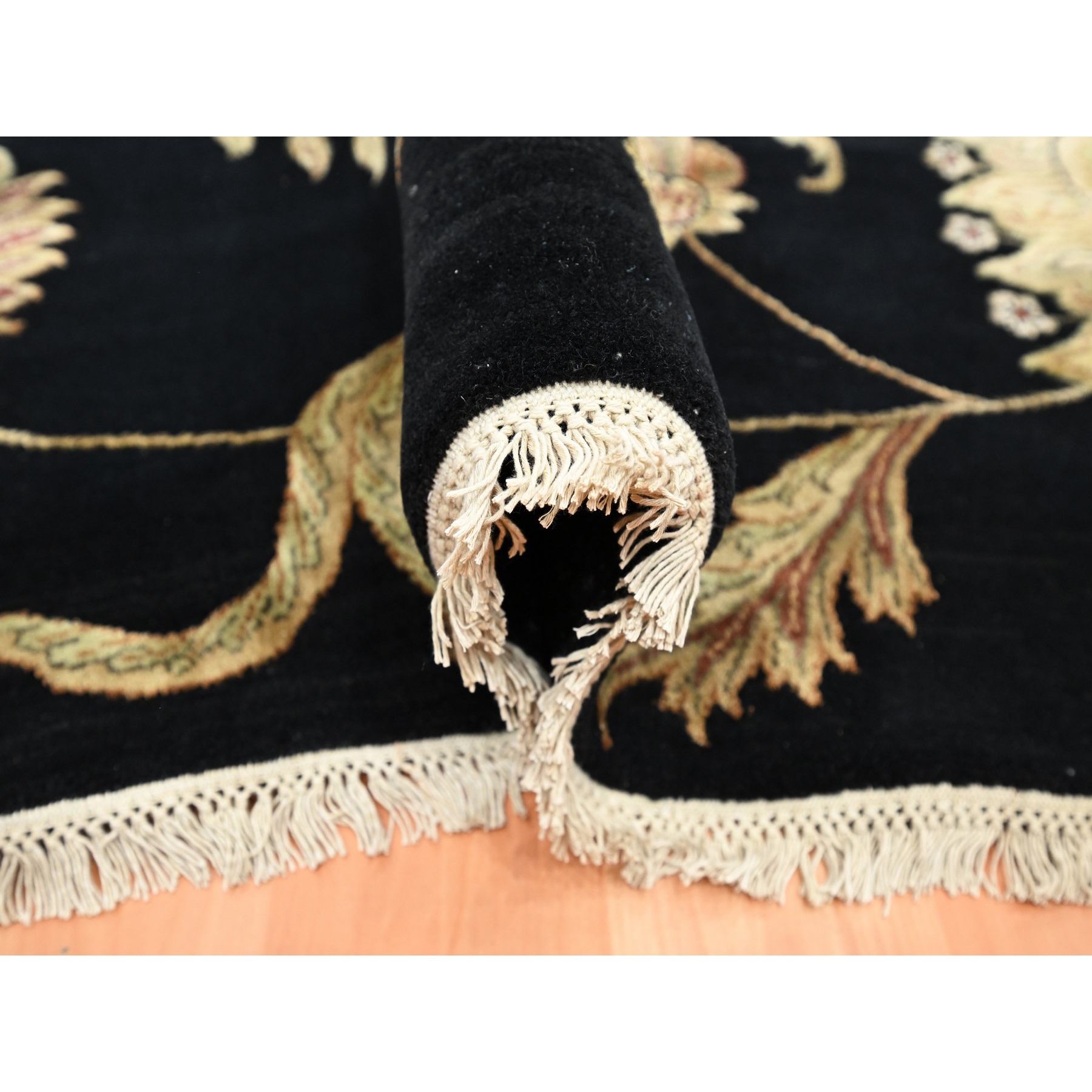 9'2"x11'8" Caviar Black, Half Wool and Half Silk, Borderless Botanical Design, Densely Woven, Soft Pile, Hand Knotted, Oriental Rug Sh75593