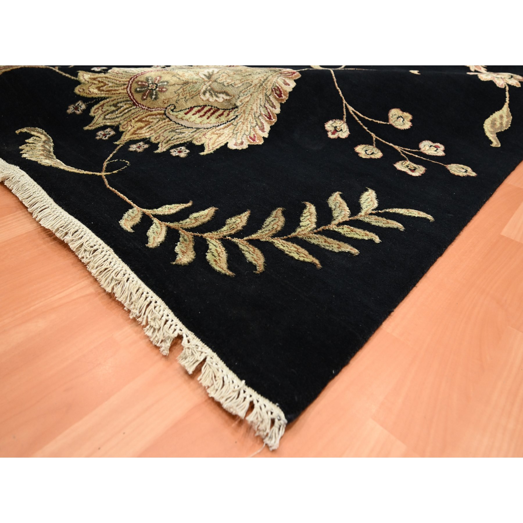 9'2"x11'8" Caviar Black, Half Wool and Half Silk, Borderless Botanical Design, Densely Woven, Soft Pile, Hand Knotted, Oriental Rug Sh75593