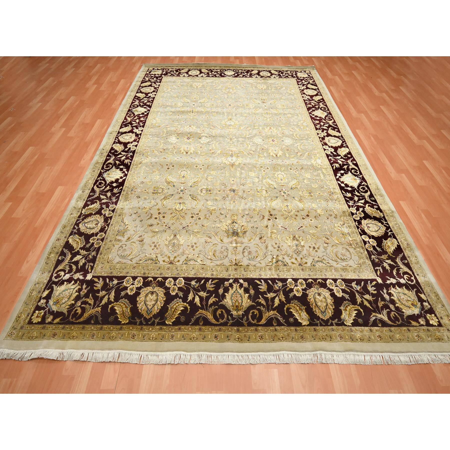 8'9"x12'1" Parchment White, Rajasthan with All Over Leaf Design, Hand Knotted, Wool and Silk, Densely Woven, Thick and Plush, Oriental Rug Sh75597