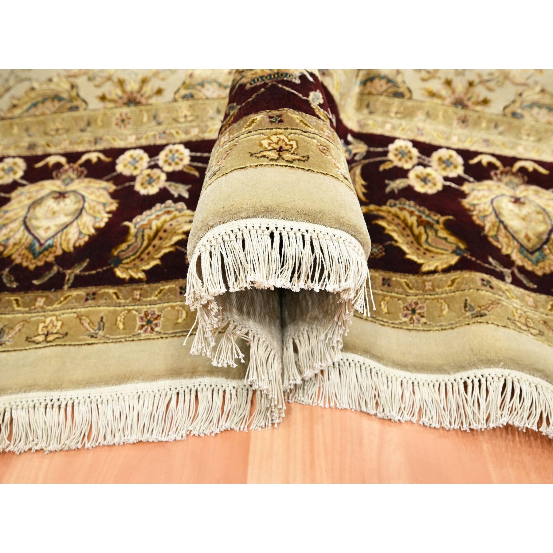 8'9"x12'1" Parchment White, Rajasthan with All Over Leaf Design, Hand Knotted, Wool and Silk, Densely Woven, Thick and Plush, Oriental Rug Sh75597