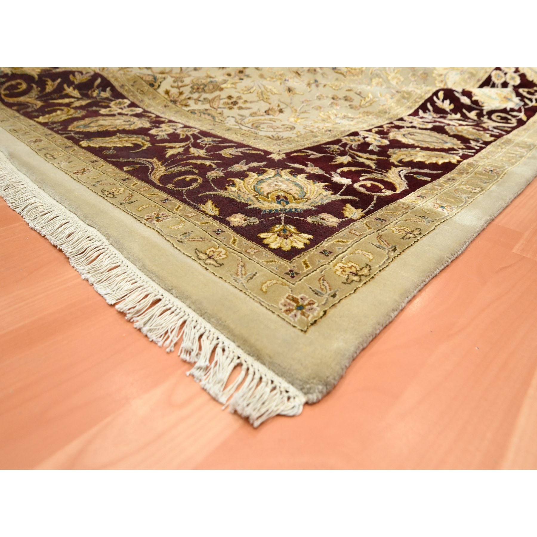 8'9"x12'1" Parchment White, Rajasthan with All Over Leaf Design, Hand Knotted, Wool and Silk, Densely Woven, Thick and Plush, Oriental Rug Sh75597