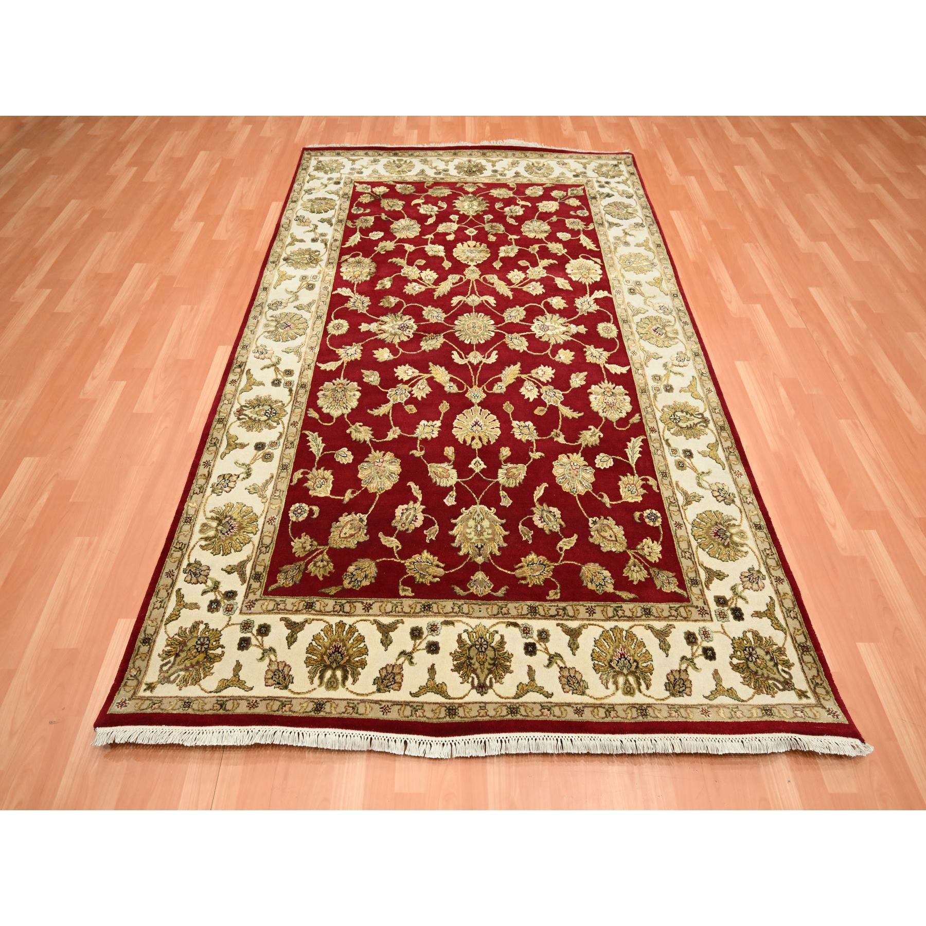 6'x9'2" Ruby Red, Thick and Plush, Rajasthan with All Over Leaf Design, Hand Knotted, Wool and Silk, Soft Pile, Oriental Rug Sh75599