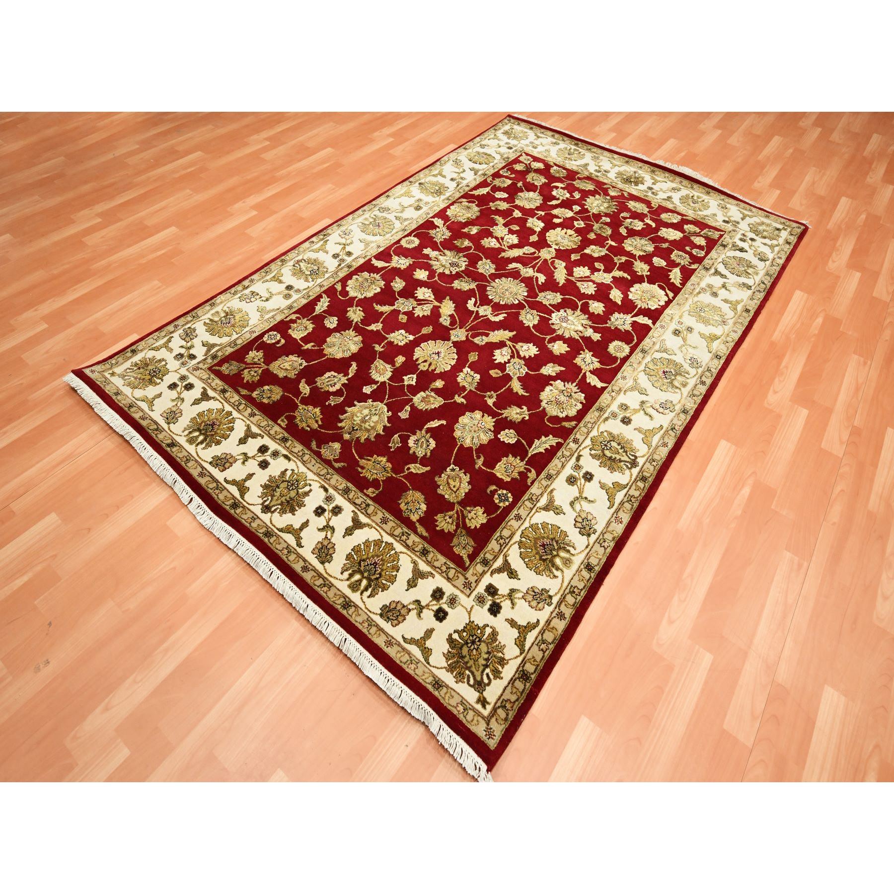 6'x9'2" Ruby Red, Thick and Plush, Rajasthan with All Over Leaf Design, Hand Knotted, Wool and Silk, Soft Pile, Oriental Rug Sh75599