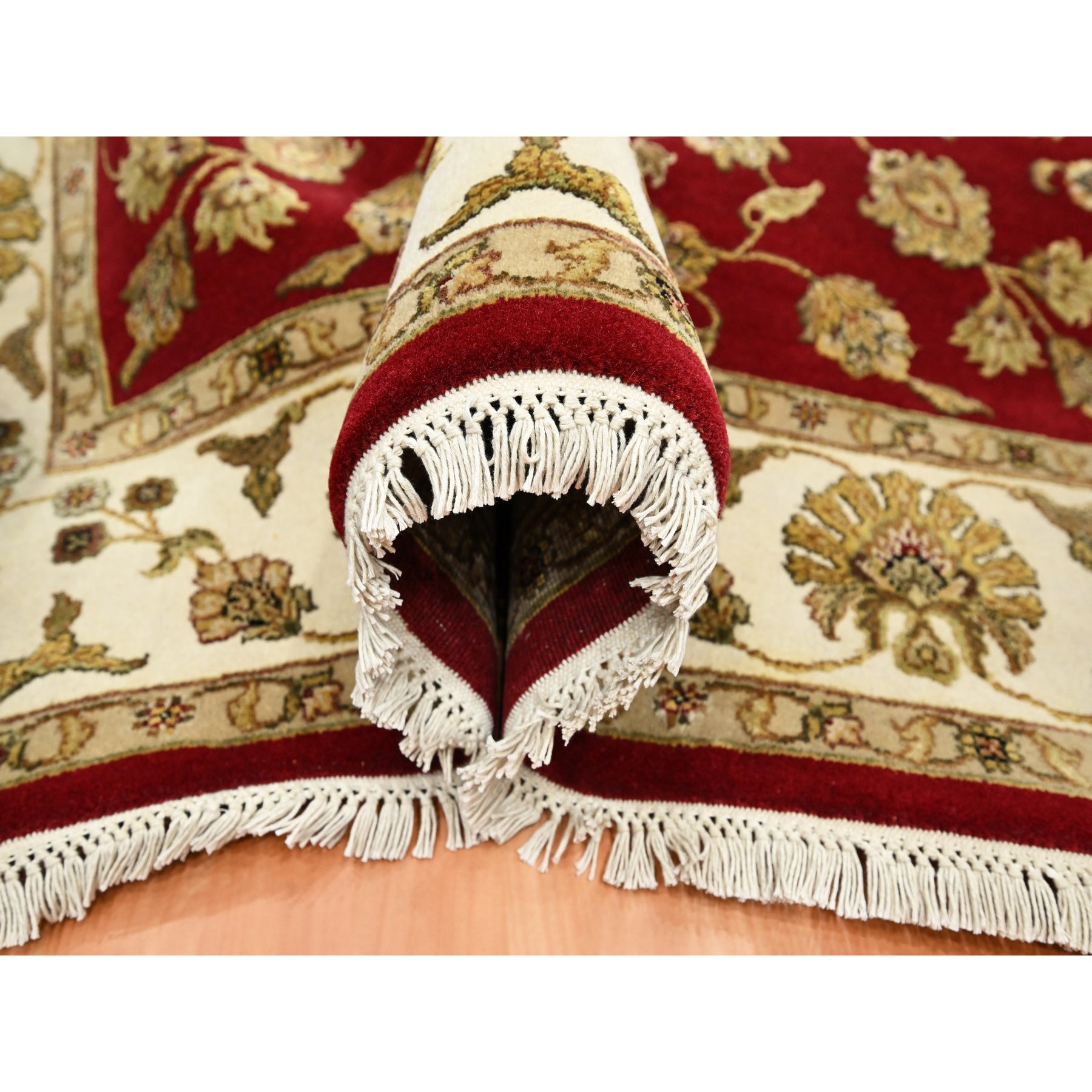 6'x9'2" Ruby Red, Thick and Plush, Rajasthan with All Over Leaf Design, Hand Knotted, Wool and Silk, Soft Pile, Oriental Rug Sh75599