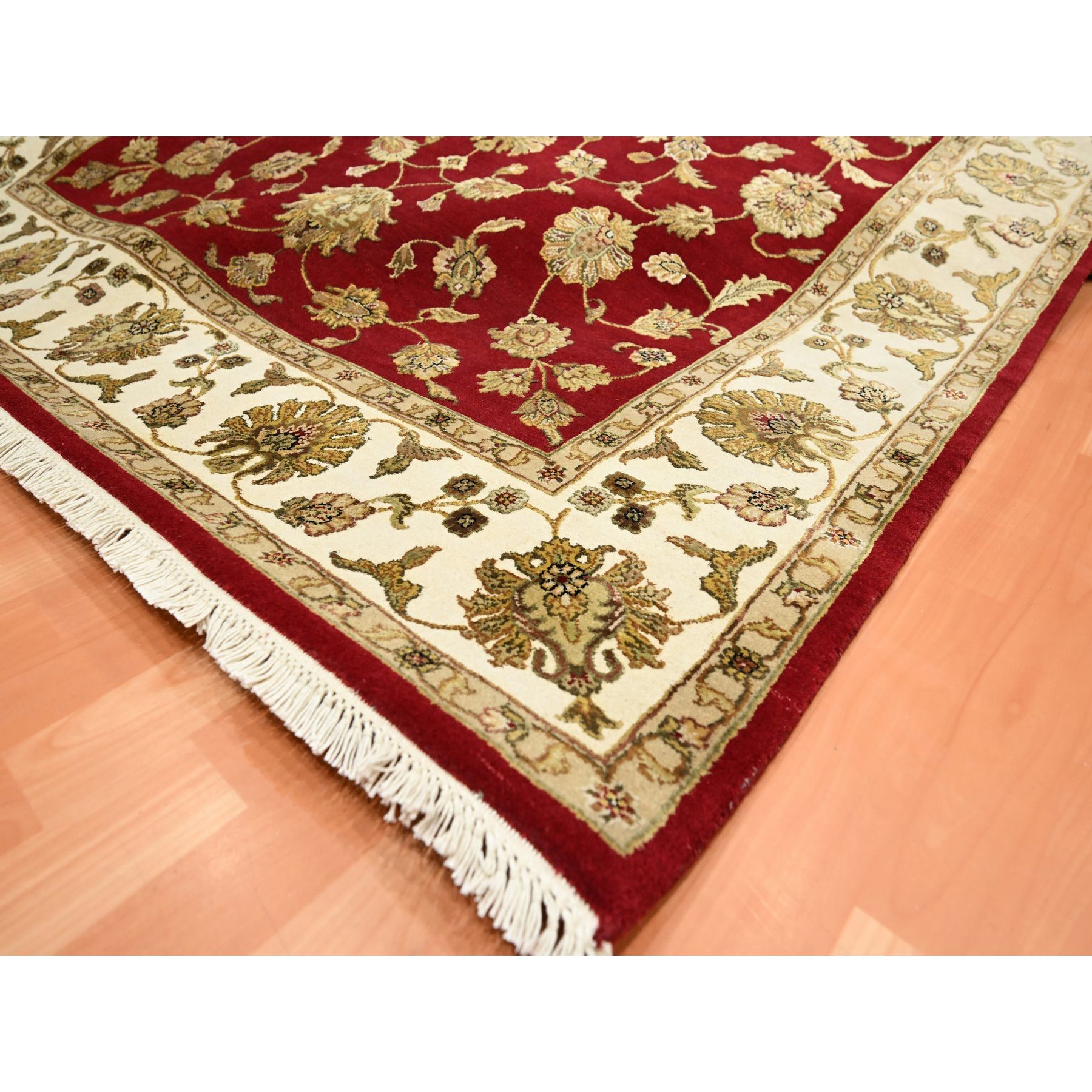 6'x9'2" Ruby Red, Thick and Plush, Rajasthan with All Over Leaf Design, Hand Knotted, Wool and Silk, Soft Pile, Oriental Rug Sh75599