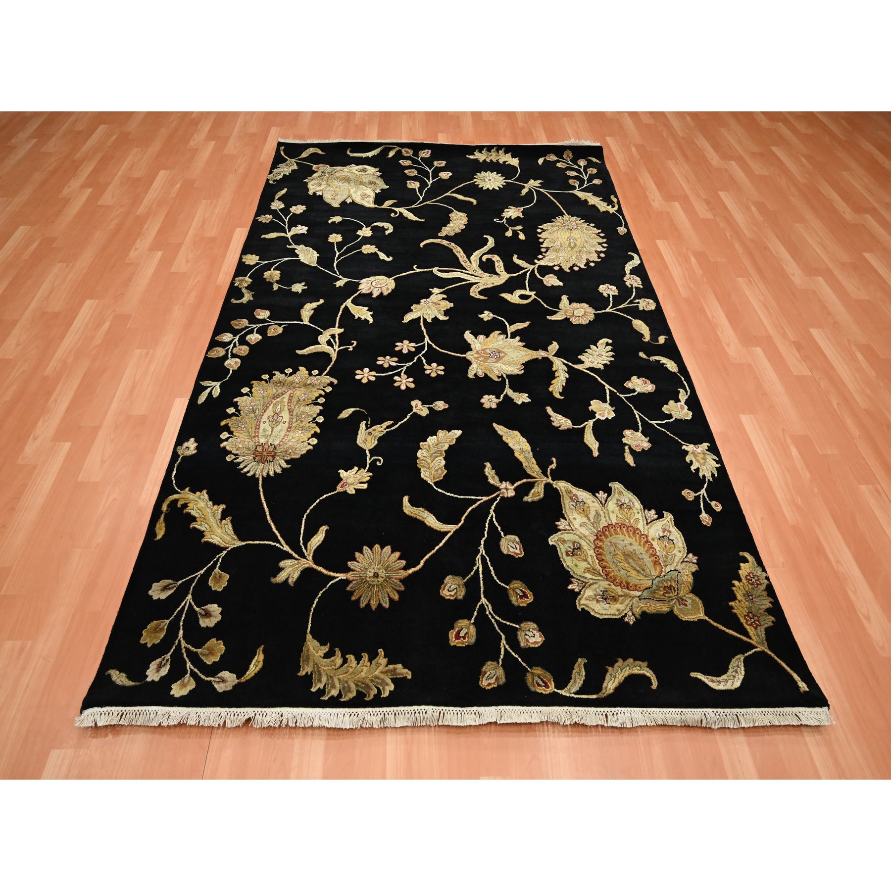 5'10"x8'10" Onyx Black, Borderless Botanical Design, Half Wool and Half Silk, Densely Woven, Soft Pile, Hand Knotted, Oriental Rug Sh75601