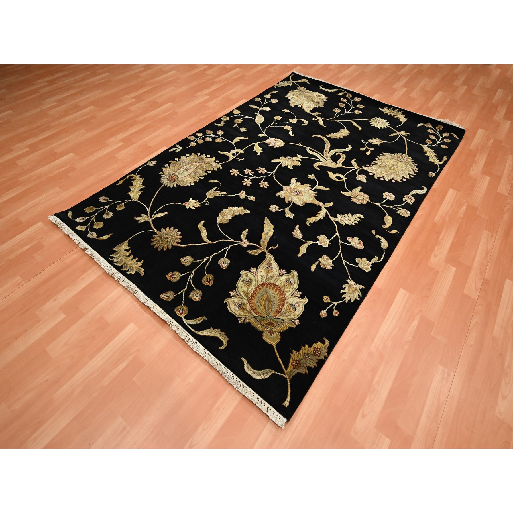 5'10"x8'10" Onyx Black, Borderless Botanical Design, Half Wool and Half Silk, Densely Woven, Soft Pile, Hand Knotted, Oriental Rug Sh75601