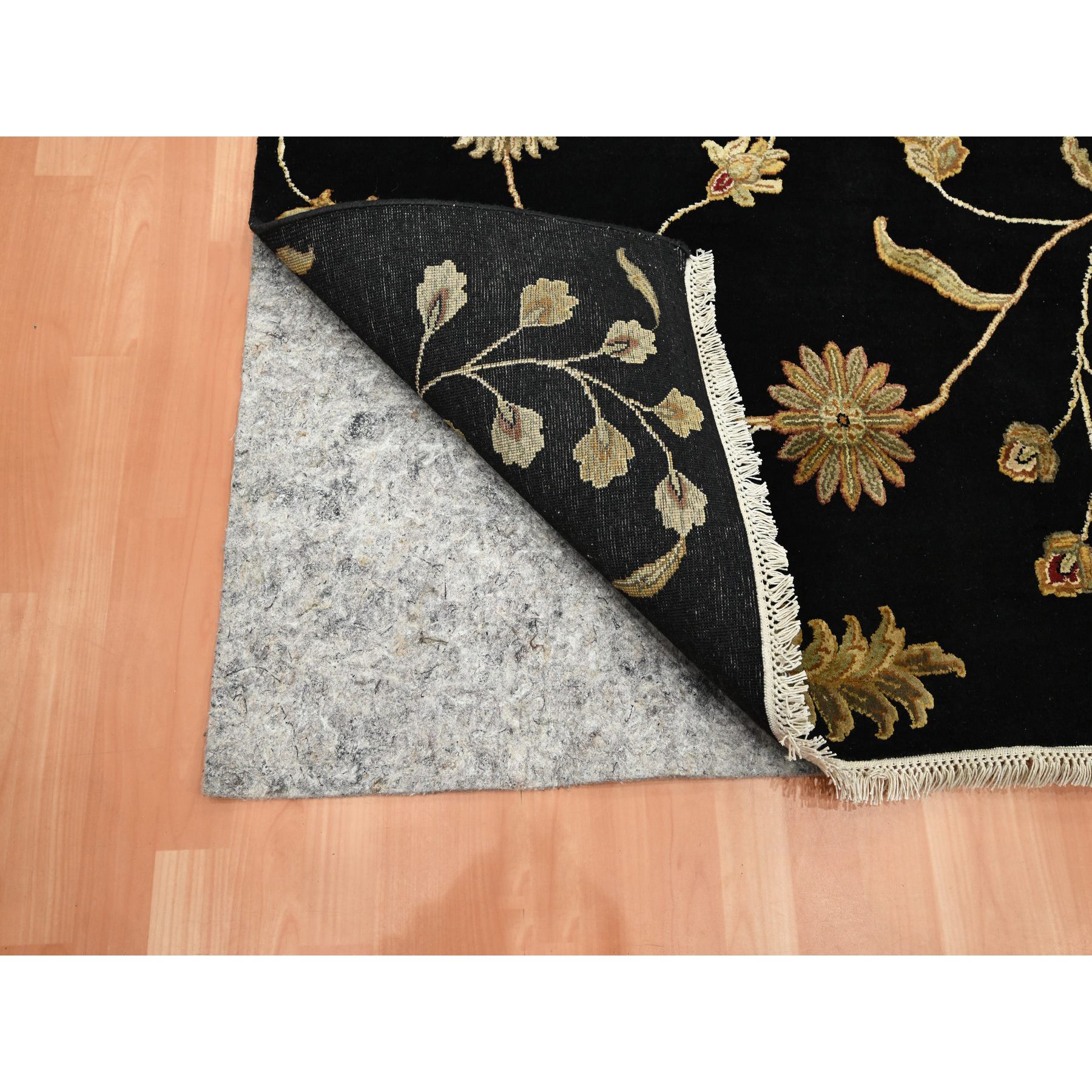 5'10"x8'10" Onyx Black, Borderless Botanical Design, Half Wool and Half Silk, Densely Woven, Soft Pile, Hand Knotted, Oriental Rug Sh75601