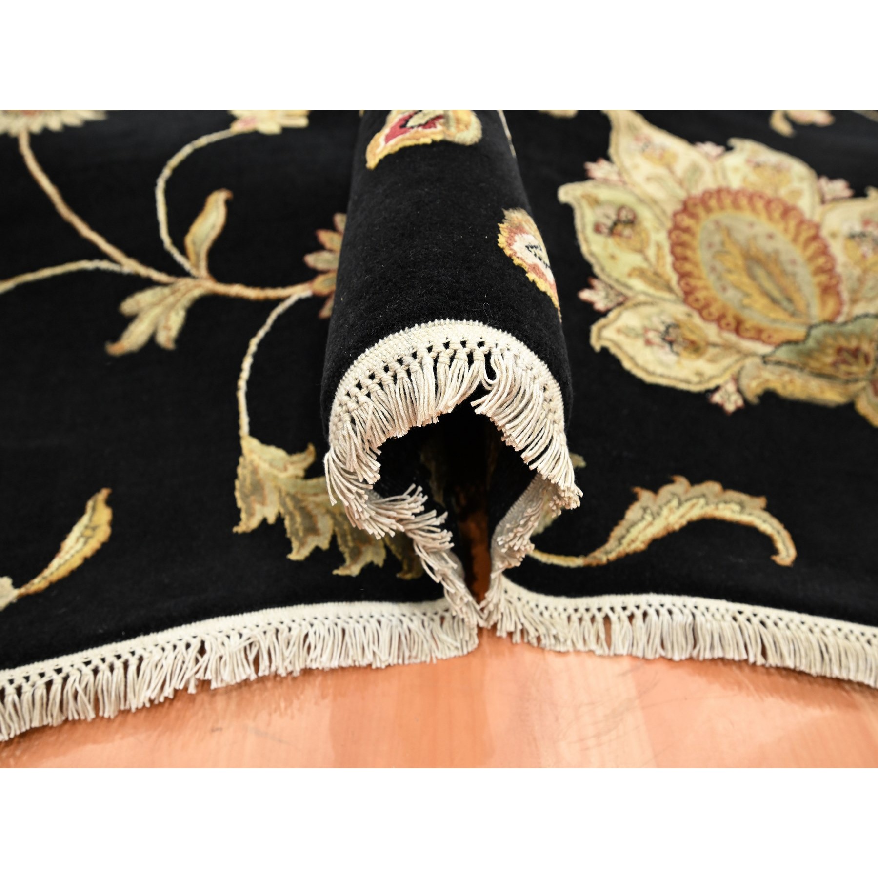 5'10"x8'10" Onyx Black, Borderless Botanical Design, Half Wool and Half Silk, Densely Woven, Soft Pile, Hand Knotted, Oriental Rug Sh75601
