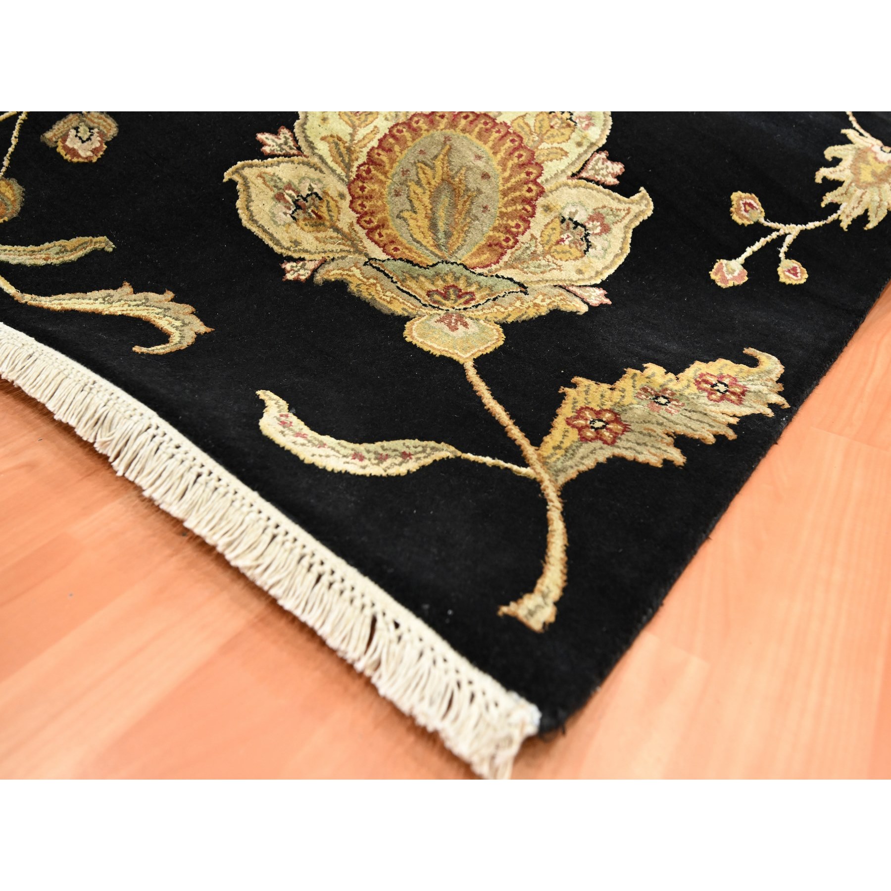 5'10"x8'10" Onyx Black, Borderless Botanical Design, Half Wool and Half Silk, Densely Woven, Soft Pile, Hand Knotted, Oriental Rug Sh75601