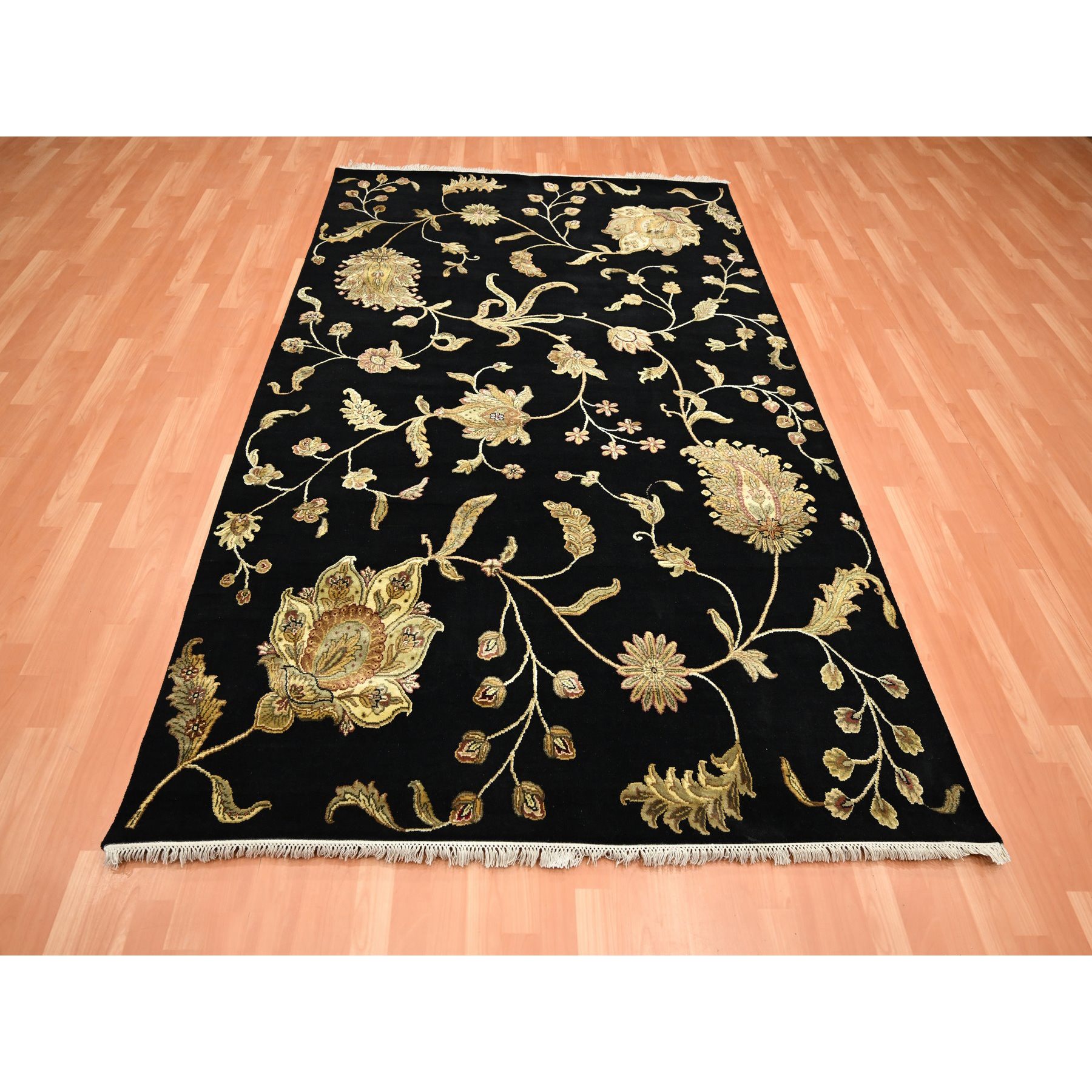 6'x8'10" Ebony Black, Hand Knotted, Borderless Botanical Design, Half Wool and Half Silk, Densely Woven, Soft Pile, Oriental Rug Sh75602