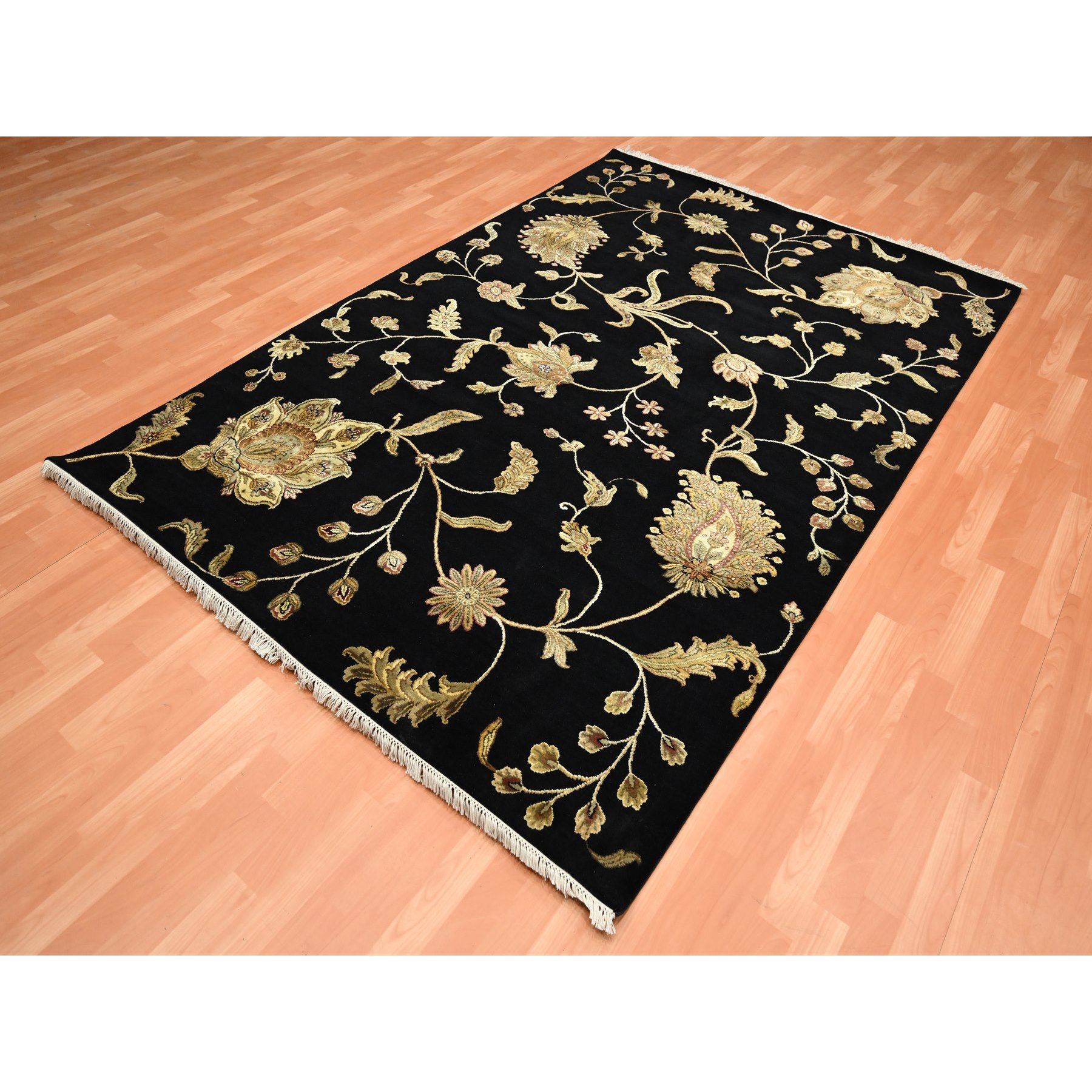 6'x8'10" Ebony Black, Hand Knotted, Borderless Botanical Design, Half Wool and Half Silk, Densely Woven, Soft Pile, Oriental Rug Sh75602