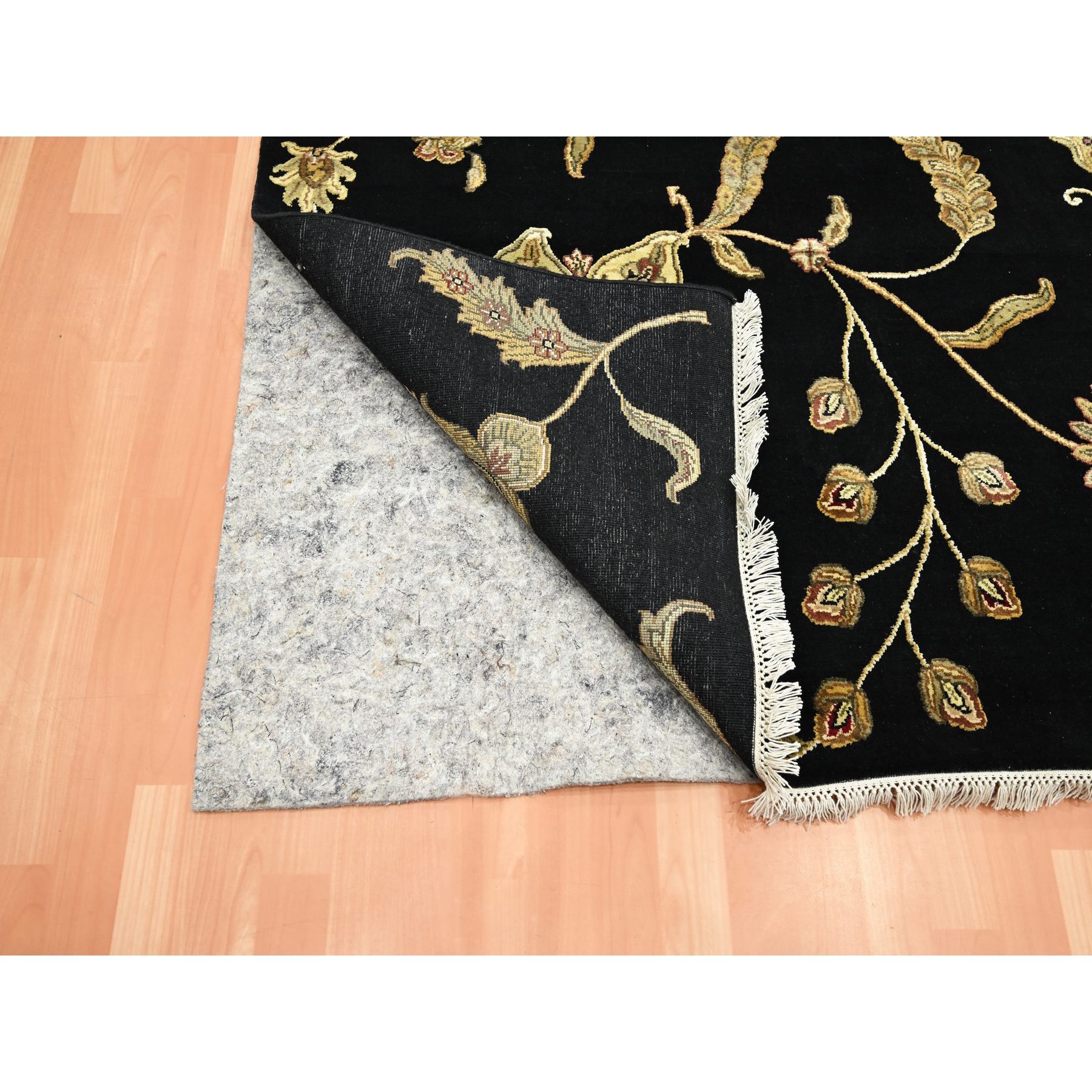 6'x8'10" Ebony Black, Hand Knotted, Borderless Botanical Design, Half Wool and Half Silk, Densely Woven, Soft Pile, Oriental Rug Sh75602