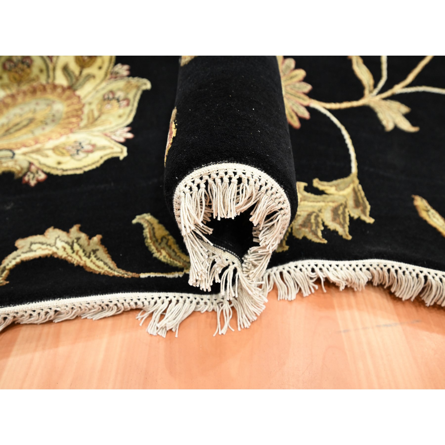 6'x8'10" Ebony Black, Hand Knotted, Borderless Botanical Design, Half Wool and Half Silk, Densely Woven, Soft Pile, Oriental Rug Sh75602