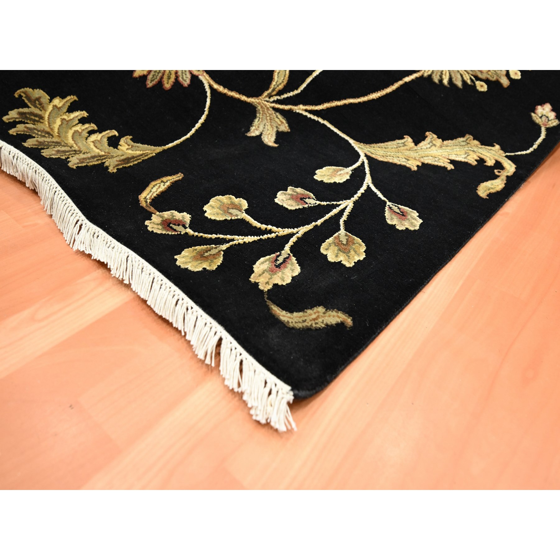 6'x8'10" Ebony Black, Hand Knotted, Borderless Botanical Design, Half Wool and Half Silk, Densely Woven, Soft Pile, Oriental Rug Sh75602