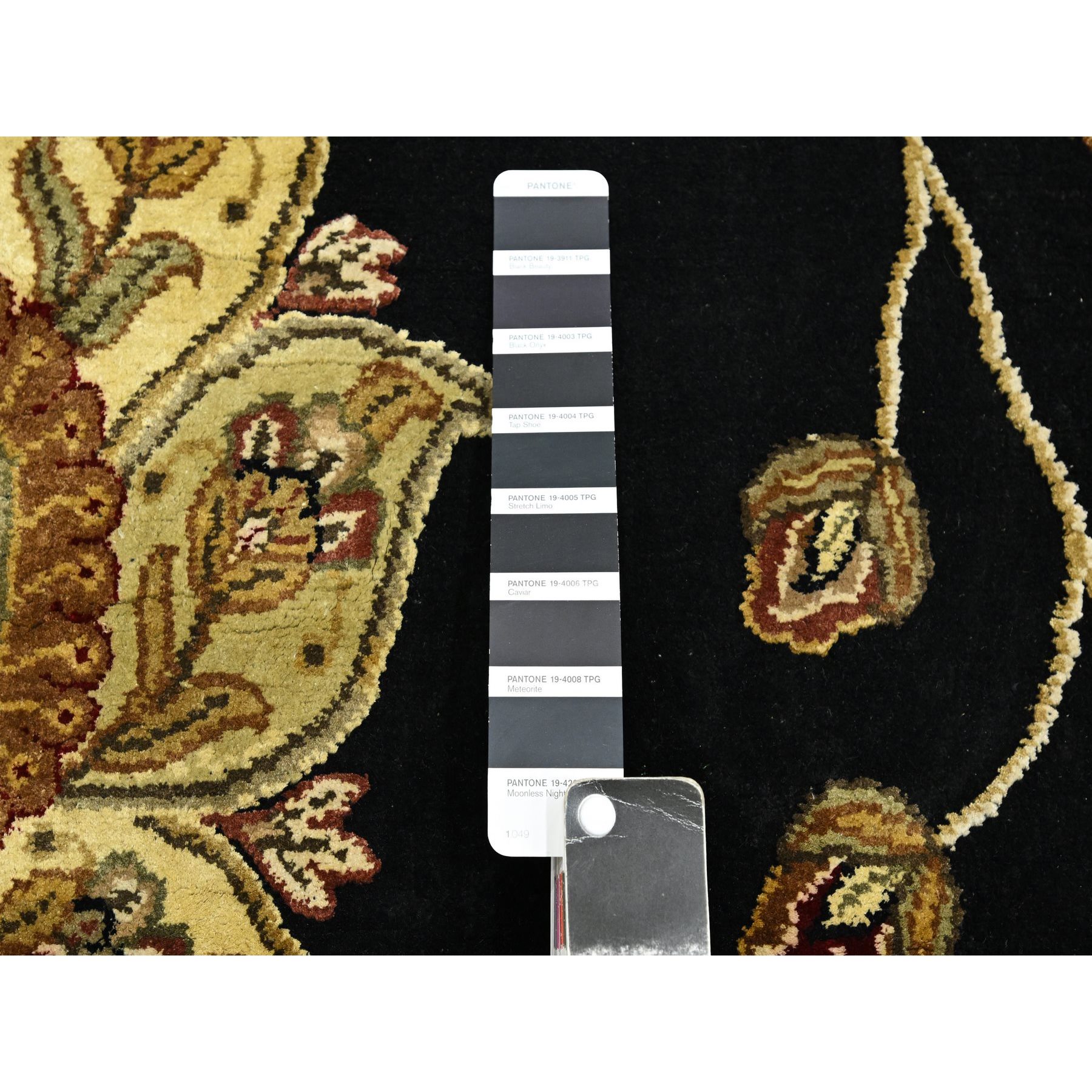 6'x8'10" Ebony Black, Hand Knotted, Borderless Botanical Design, Half Wool and Half Silk, Densely Woven, Soft Pile, Oriental Rug Sh75602