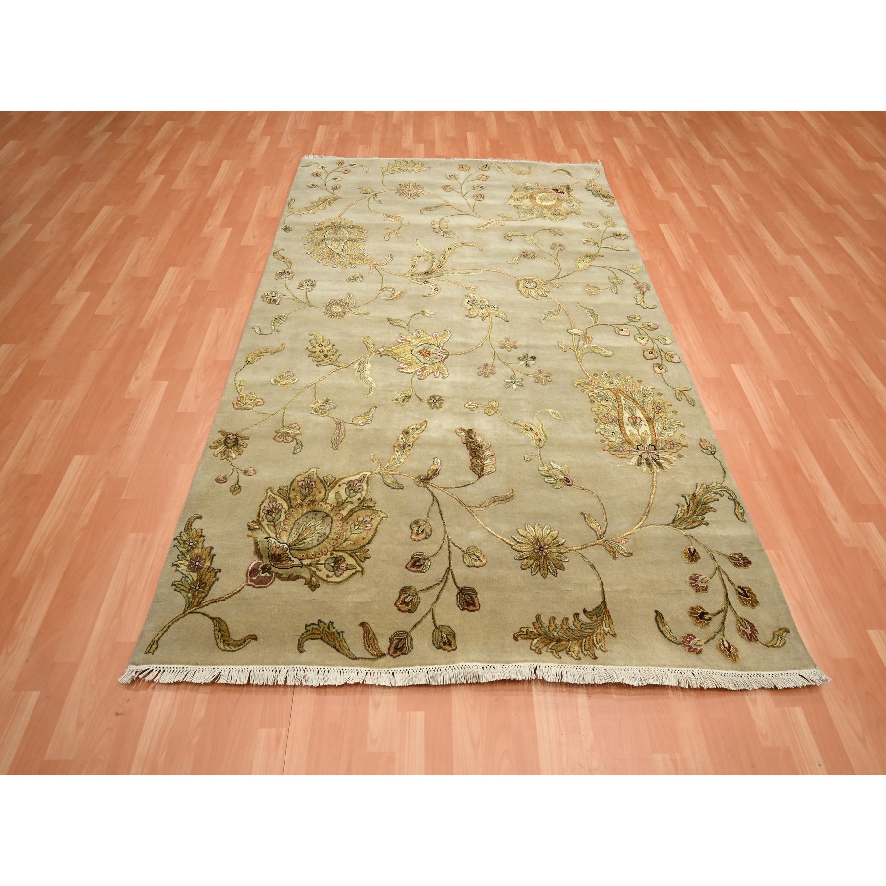 6'x8'10" Cornstalk Brown, Hand Knotted, Half Wool and Half Silk, Borderless Botanical Design, Densely Woven, Soft Pile, Oriental Rug Sh75603