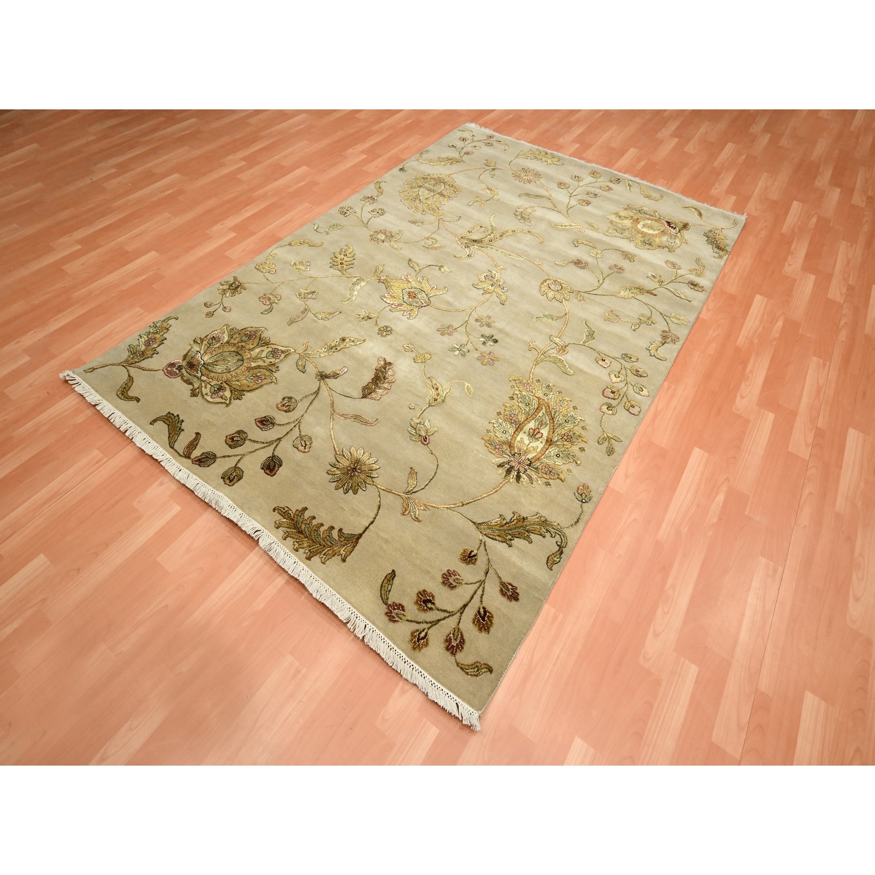 6'x8'10" Cornstalk Brown, Hand Knotted, Half Wool and Half Silk, Borderless Botanical Design, Densely Woven, Soft Pile, Oriental Rug Sh75603