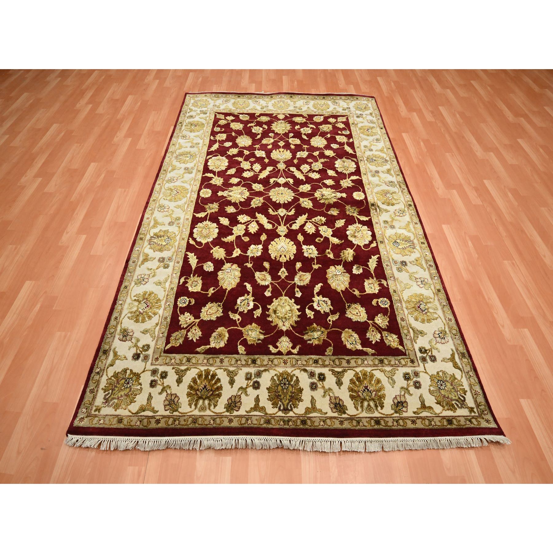 6'x9' Crimson Red, Hand Knotted, Wool and Silk, Soft Pile, Rajasthan with All Over Leaf Design, Thick and Plush, Oriental Rug Sh75604
