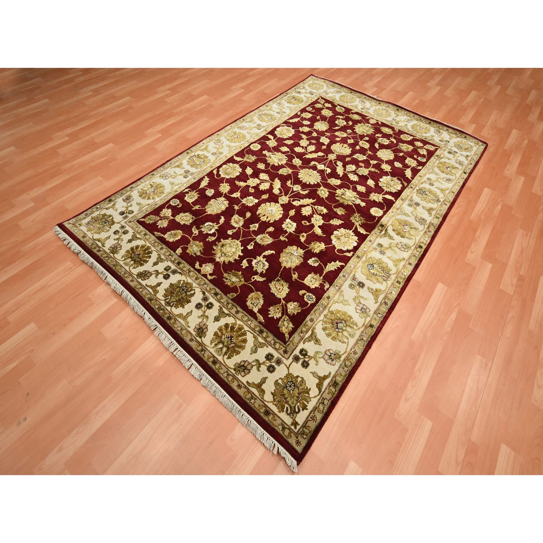 6'x9' Crimson Red, Hand Knotted, Wool and Silk, Soft Pile, Rajasthan with All Over Leaf Design, Thick and Plush, Oriental Rug Sh75604